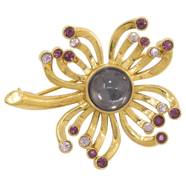 Trifari Gold Flower Pin Brooch with Amethyst Crystals and Cabochon For Sale