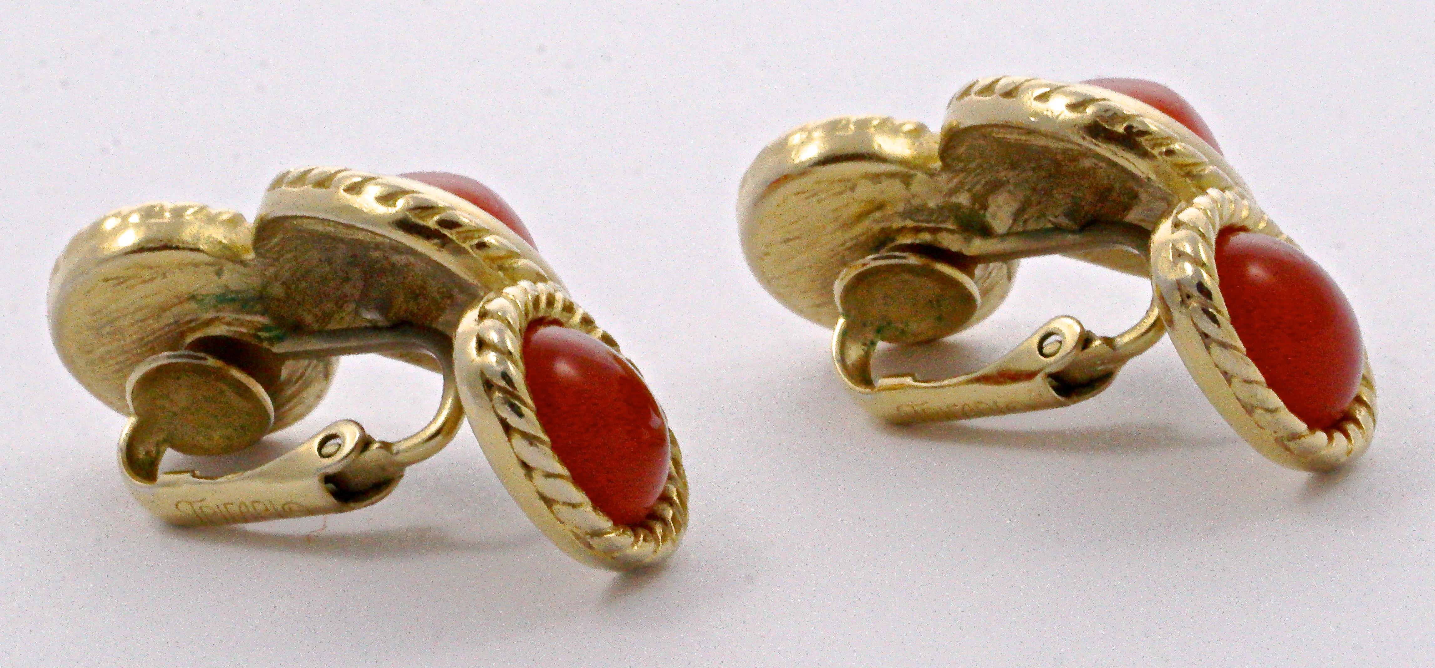 Trifari Gold Plated and Apricot Glass Cabochon Clip On Earrings, circa 1980s 5