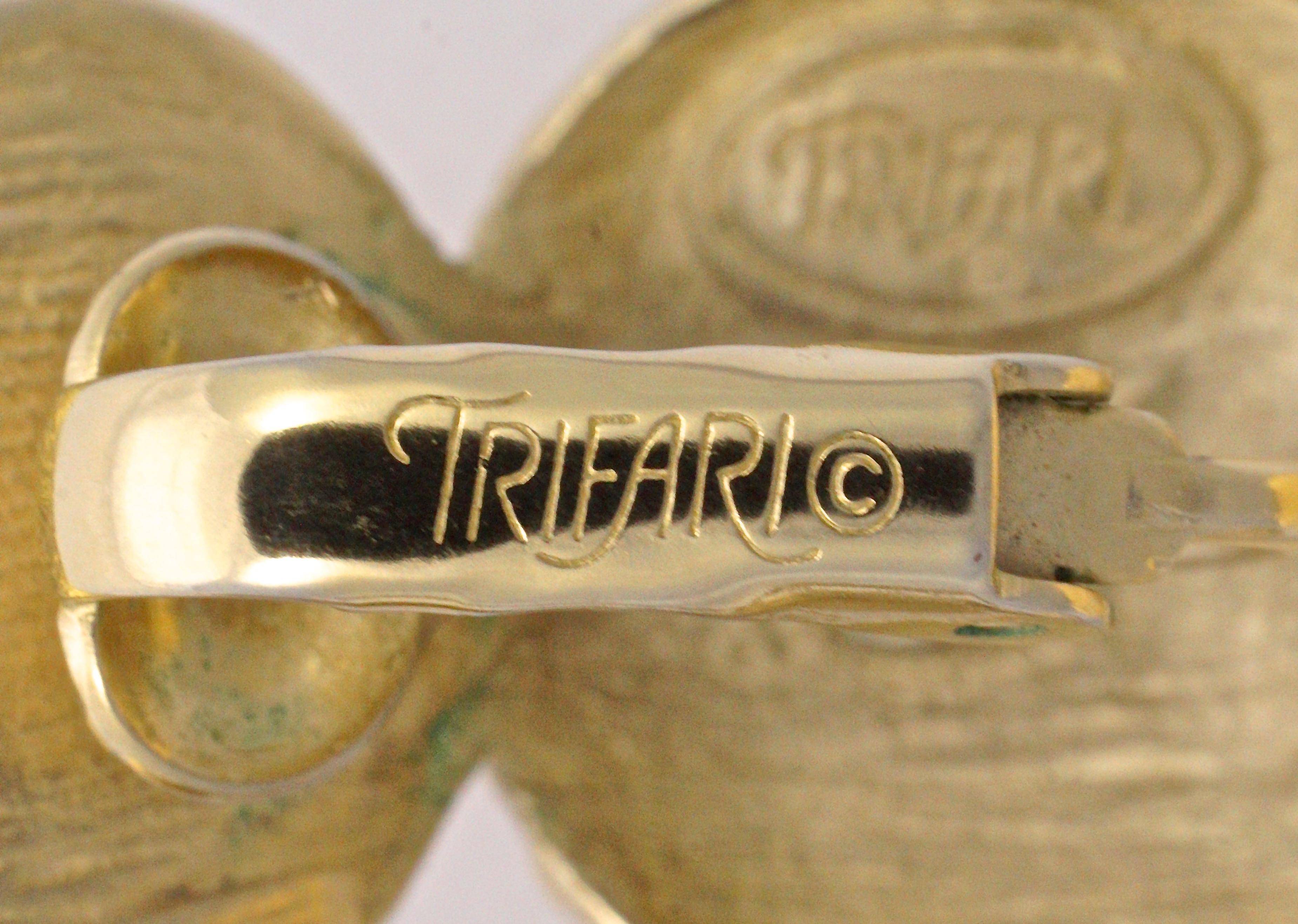Trifari Gold Plated and Apricot Glass Cabochon Clip On Earrings, circa 1980s 1