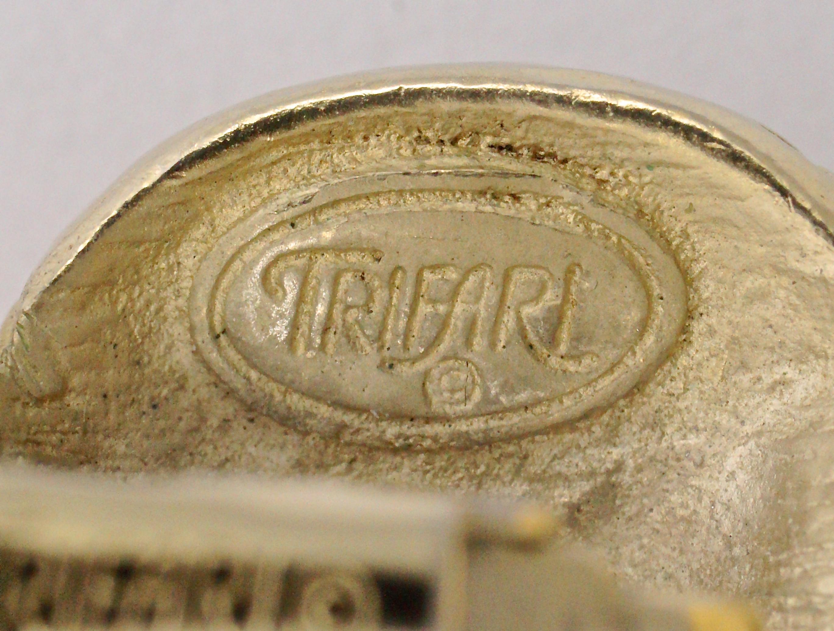 Trifari Gold Plated and Apricot Glass Cabochon Clip On Earrings, circa 1980s 2