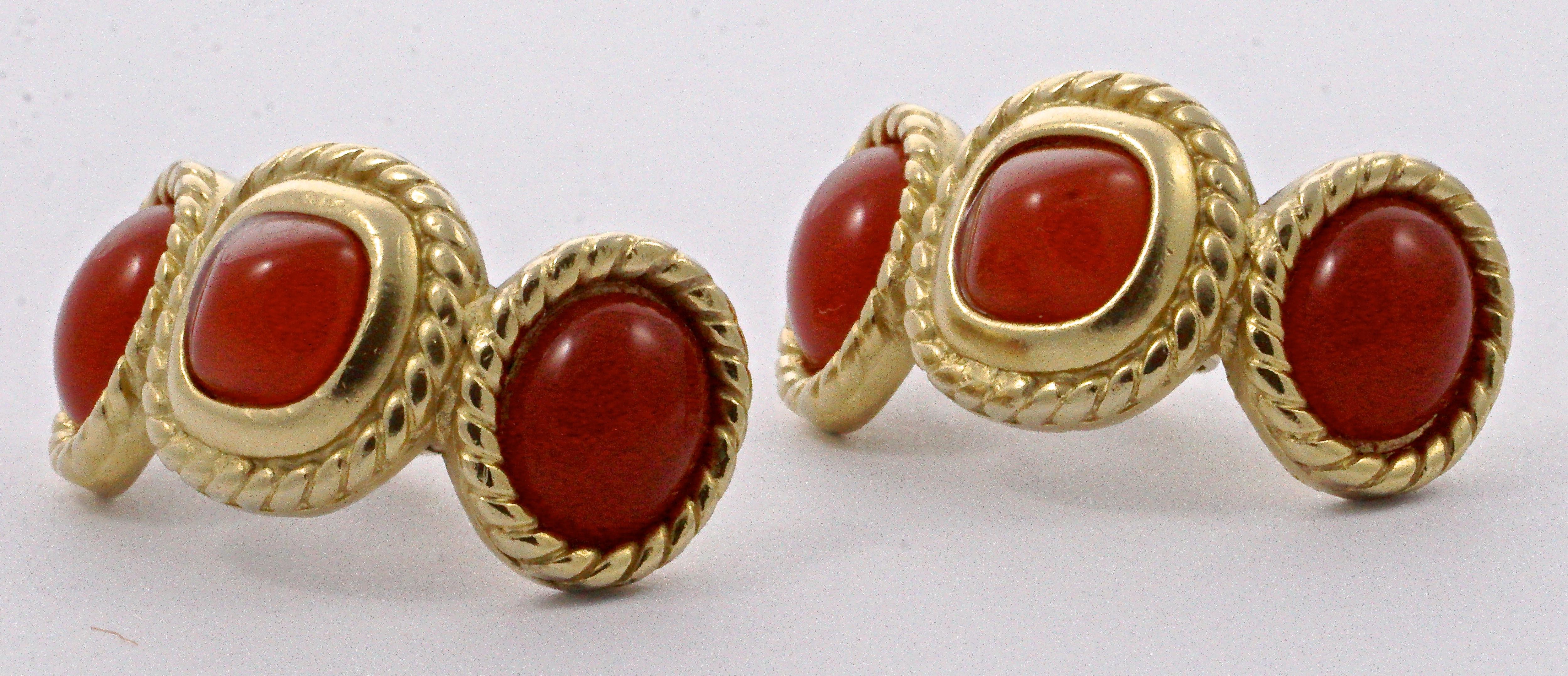 Trifari Gold Plated and Apricot Glass Cabochon Clip On Earrings, circa 1980s 3
