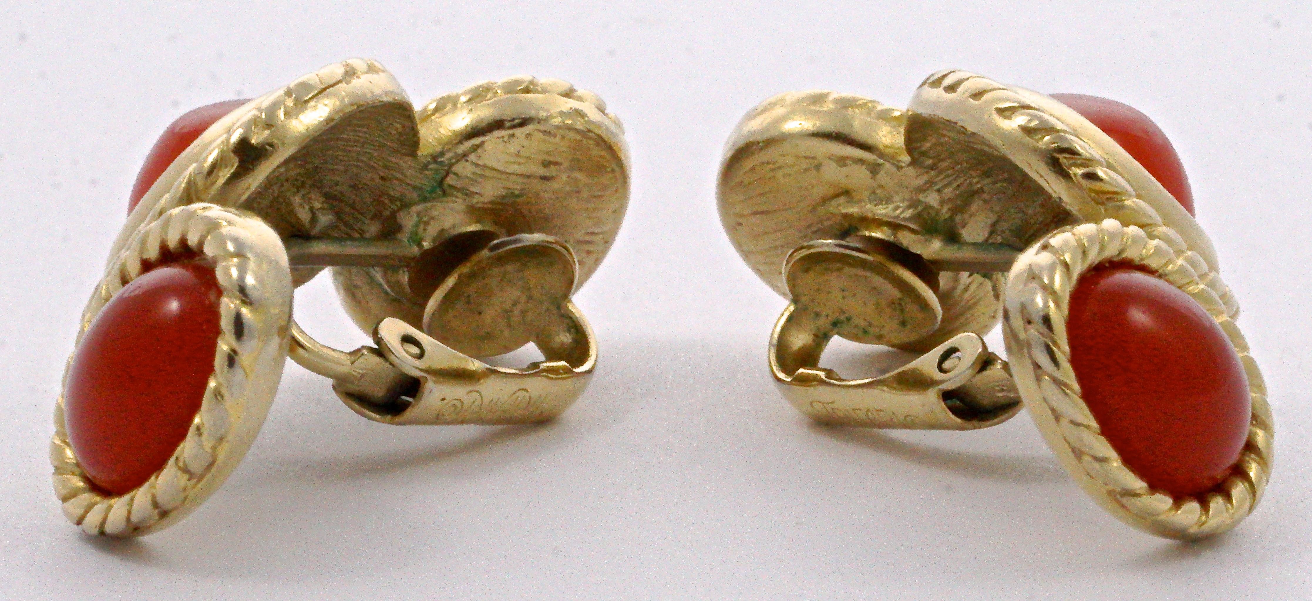 Trifari Gold Plated and Apricot Glass Cabochon Clip On Earrings, circa 1980s 4