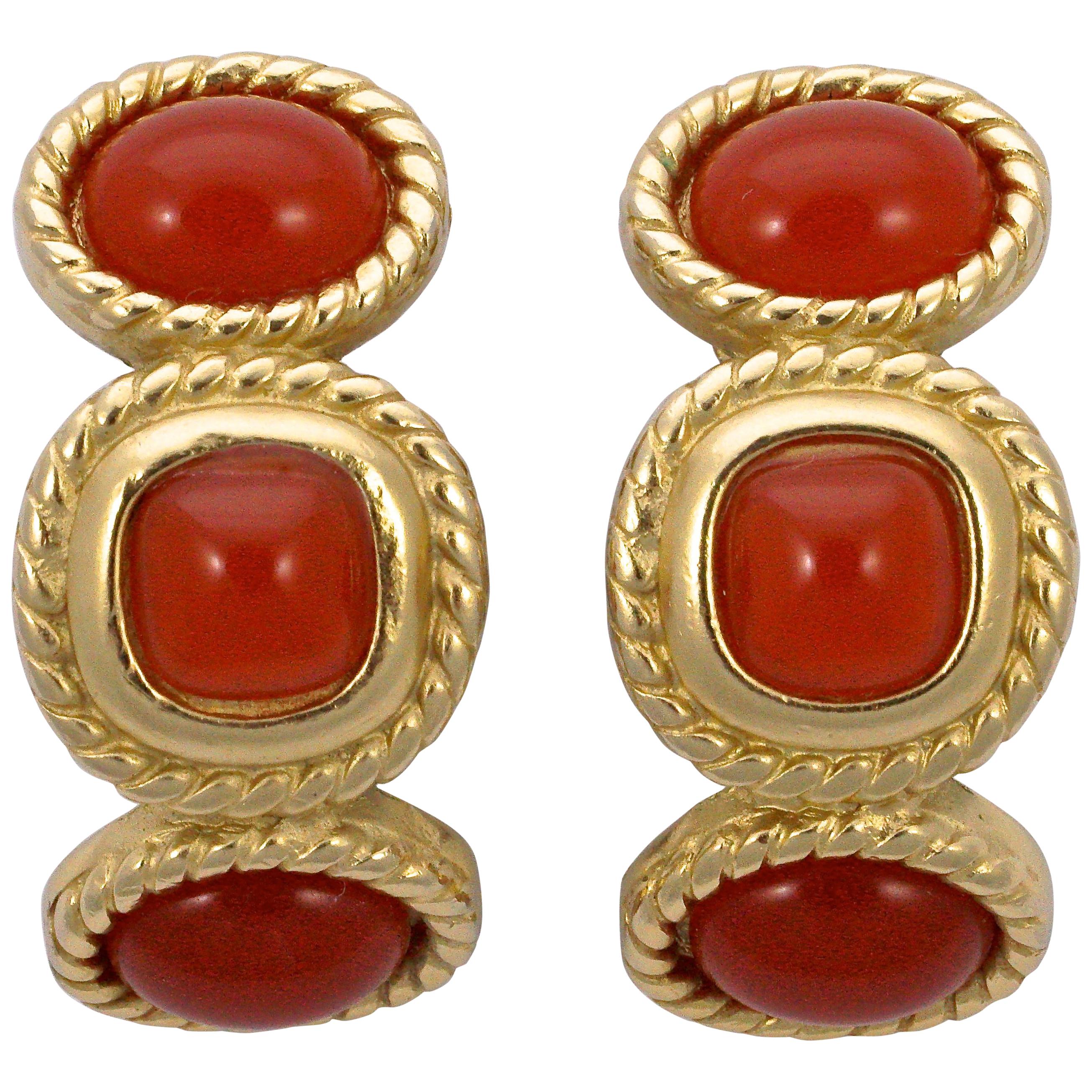 Trifari Gold Plated and Apricot Glass Cabochon Clip On Earrings, circa 1980s