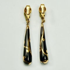 Trifari Gold Plated and Black Glass Drop Clip On Earrings circa 1960s