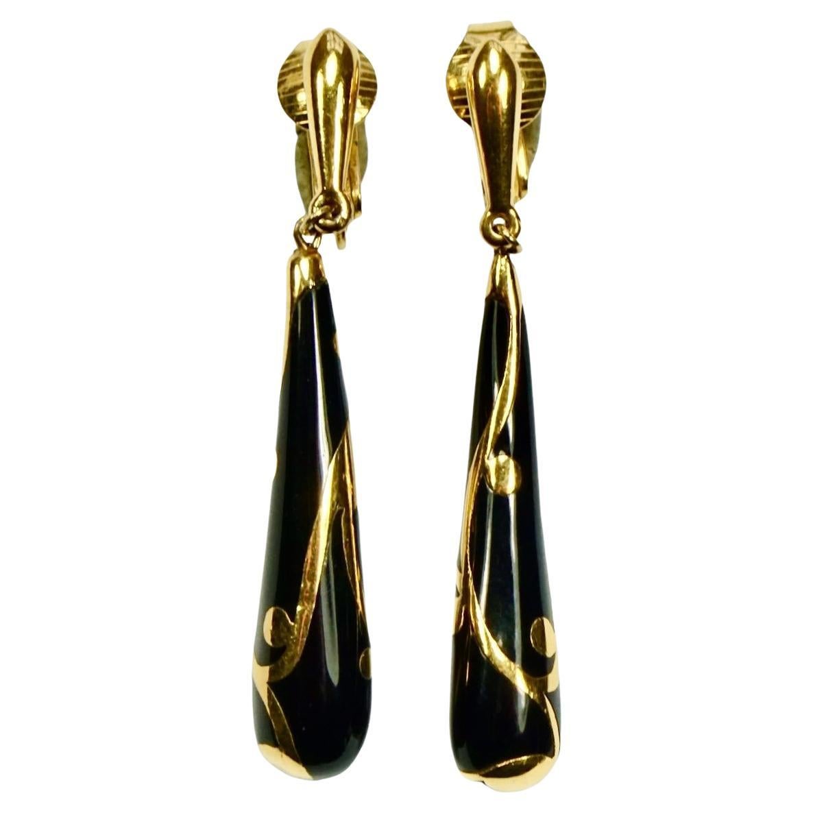 Trifari Gold Plated and Black Glass Drop Clip On Earrings circa 1960s For Sale