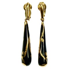 Trifari Gold Plated and Black Glass Drop Clip On Earrings circa 1960s
