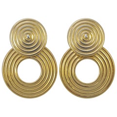 Trifari Gold Plated Drop Hoop Clip On Earrings 1960s