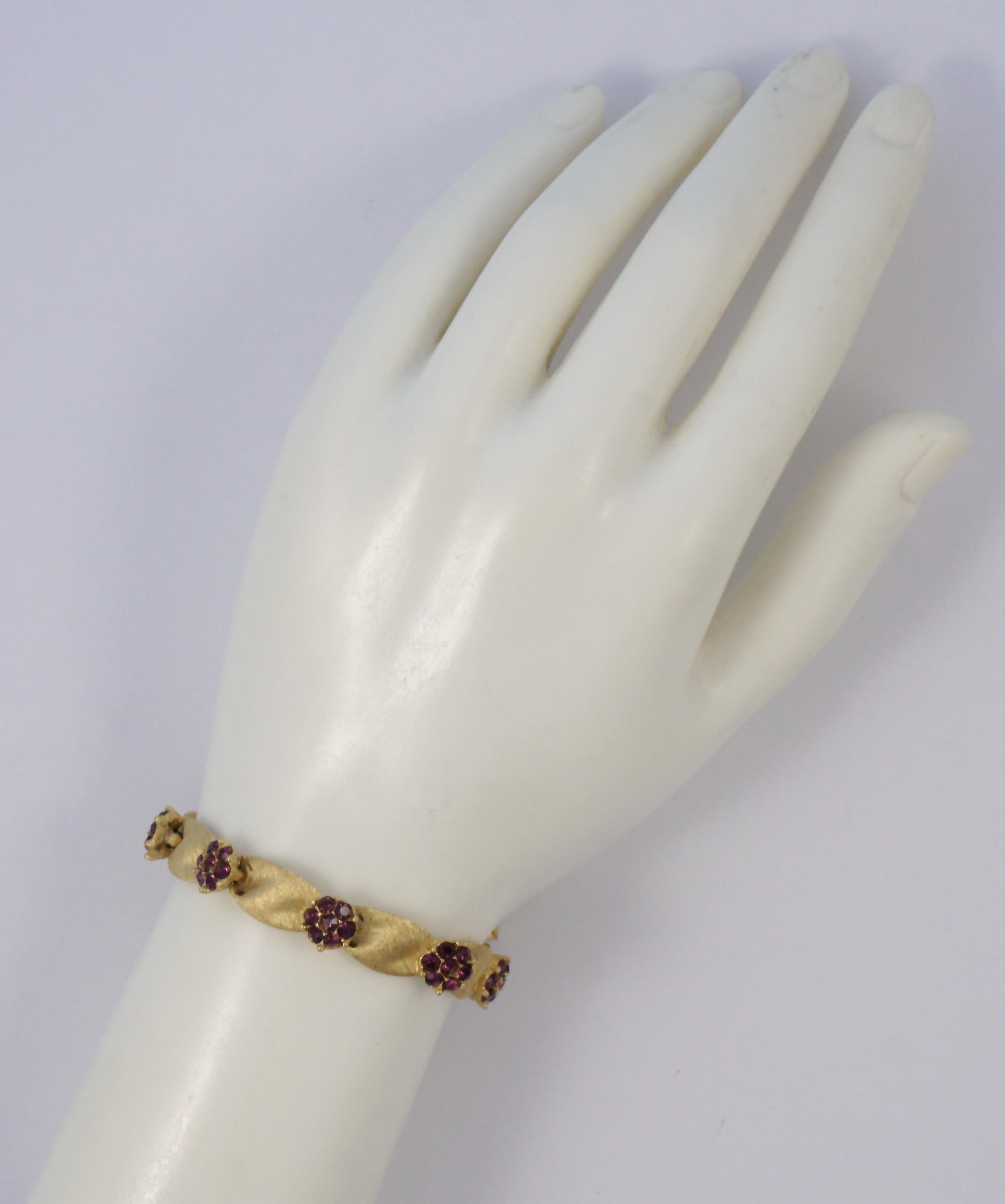 Trifari Gold Plated February Birthday Amethyst Rhinestone Ribbon Bracelet 1
