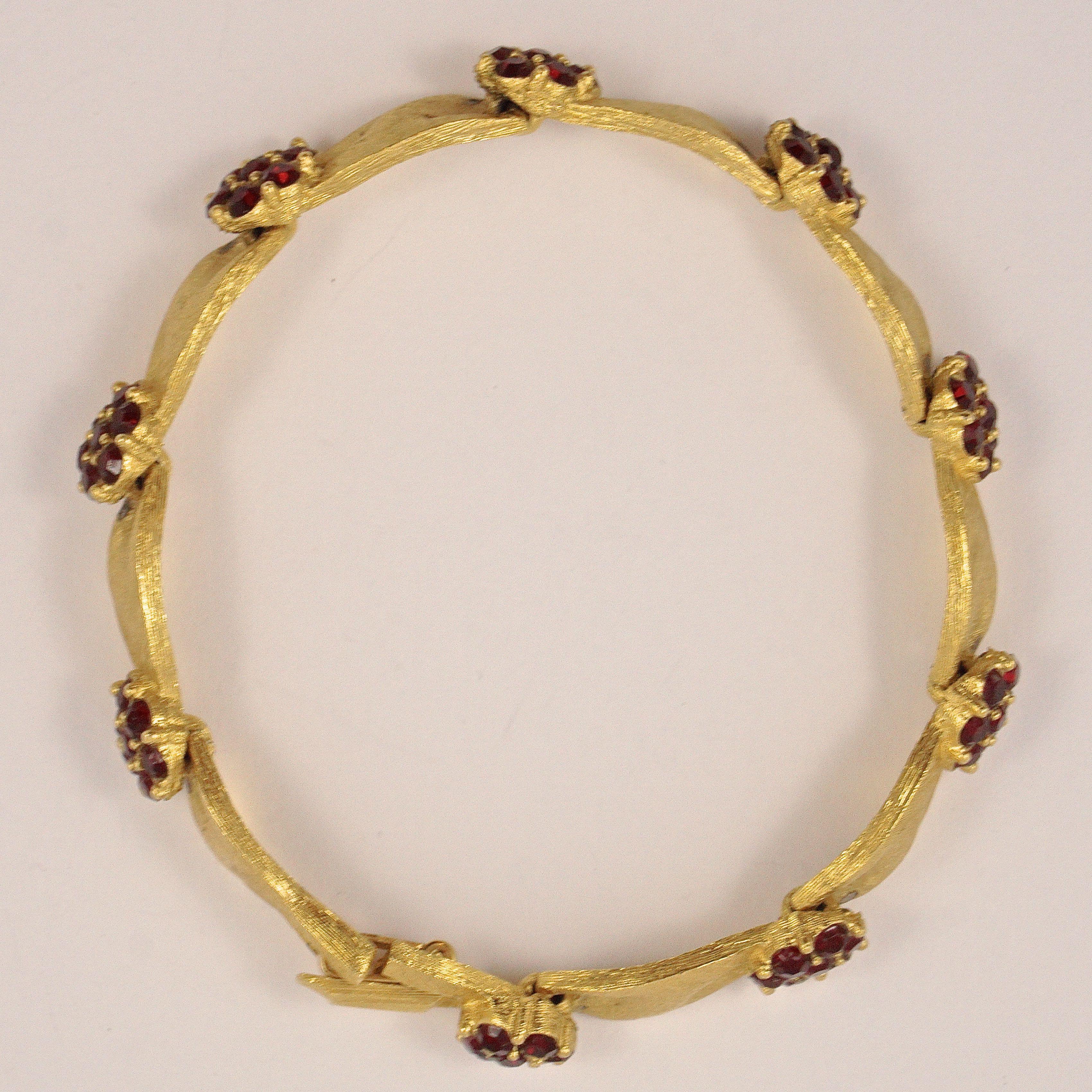 Trifari Gold Plated July Birthday Ruby Rhinestone Ribbon Link Bracelet In Good Condition In London, GB
