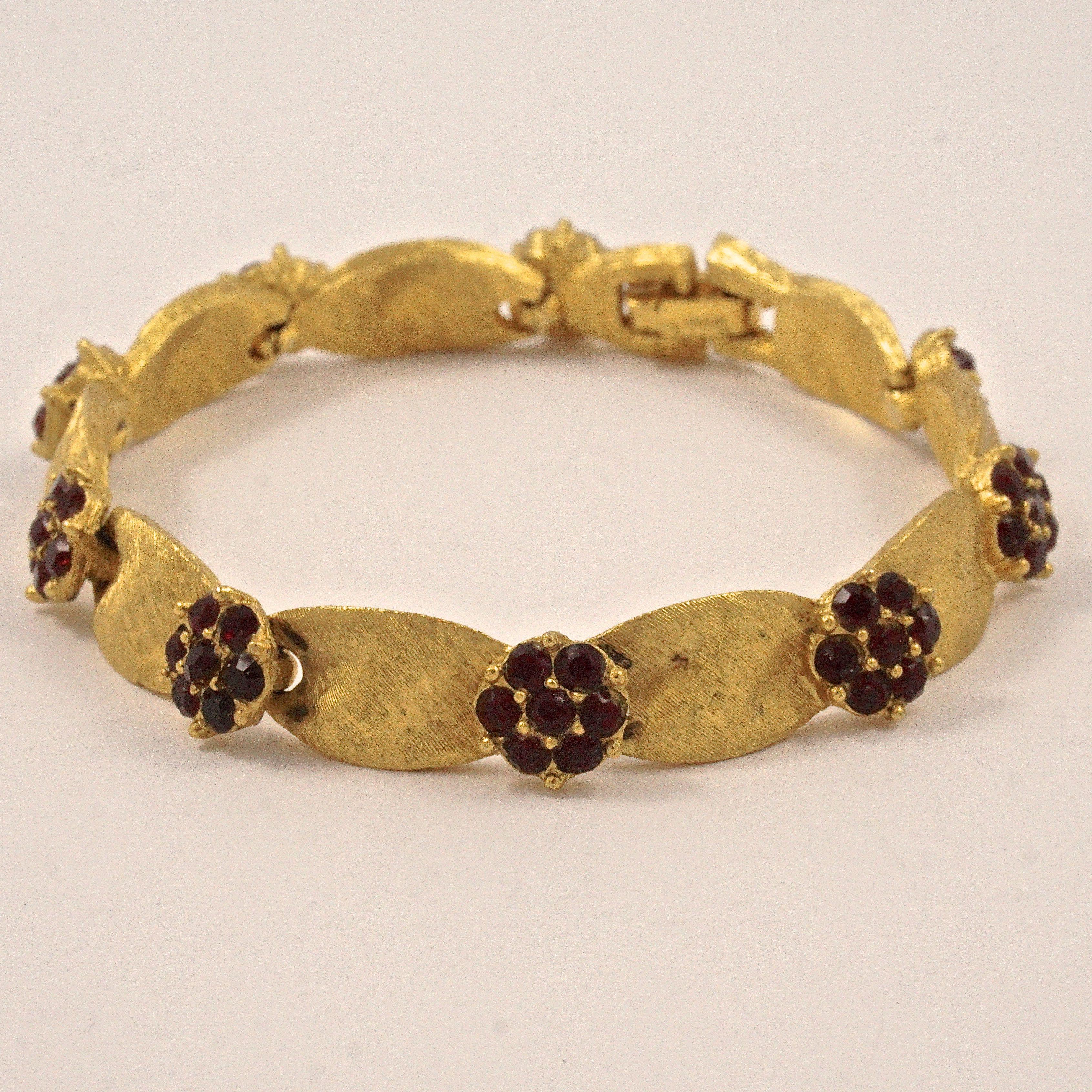 Women's or Men's Trifari Gold Plated July Birthday Ruby Rhinestone Ribbon Link Bracelet