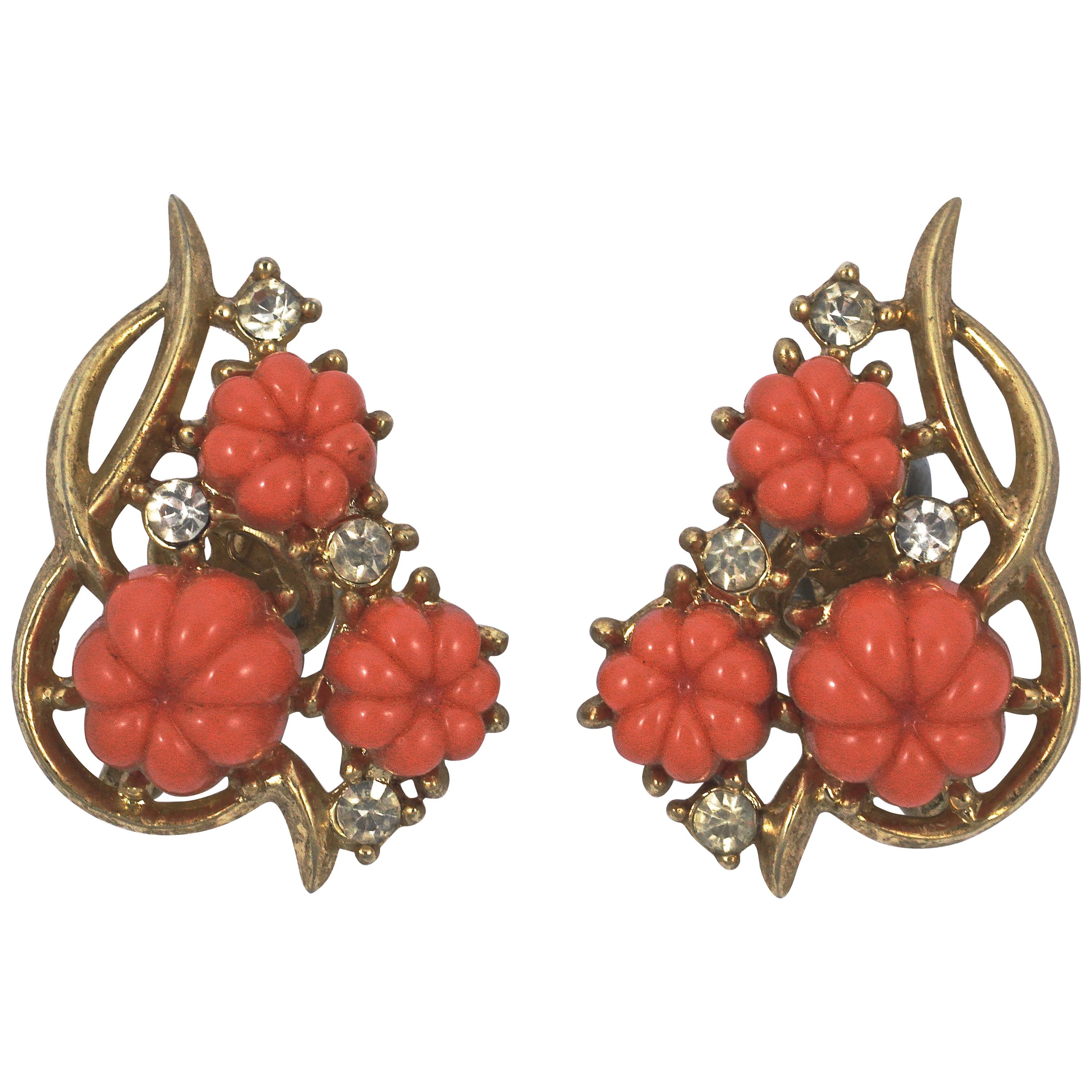 Trifari Gold Plated Moulded Coral Glass Flower Rhinestone Clip On Earrings