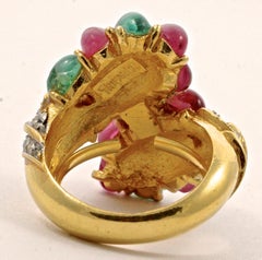 Trifari Gold Plated Ring with Dark Pink and Green Glass Cabochons, circa 1960s