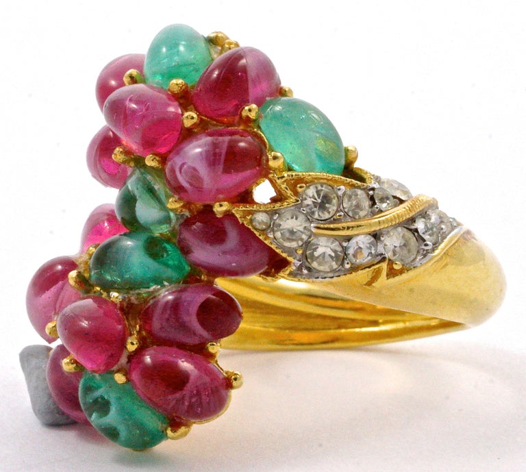 Trifari Gold Plated Ring with Dark Pink and Green Glass Cabochons ...