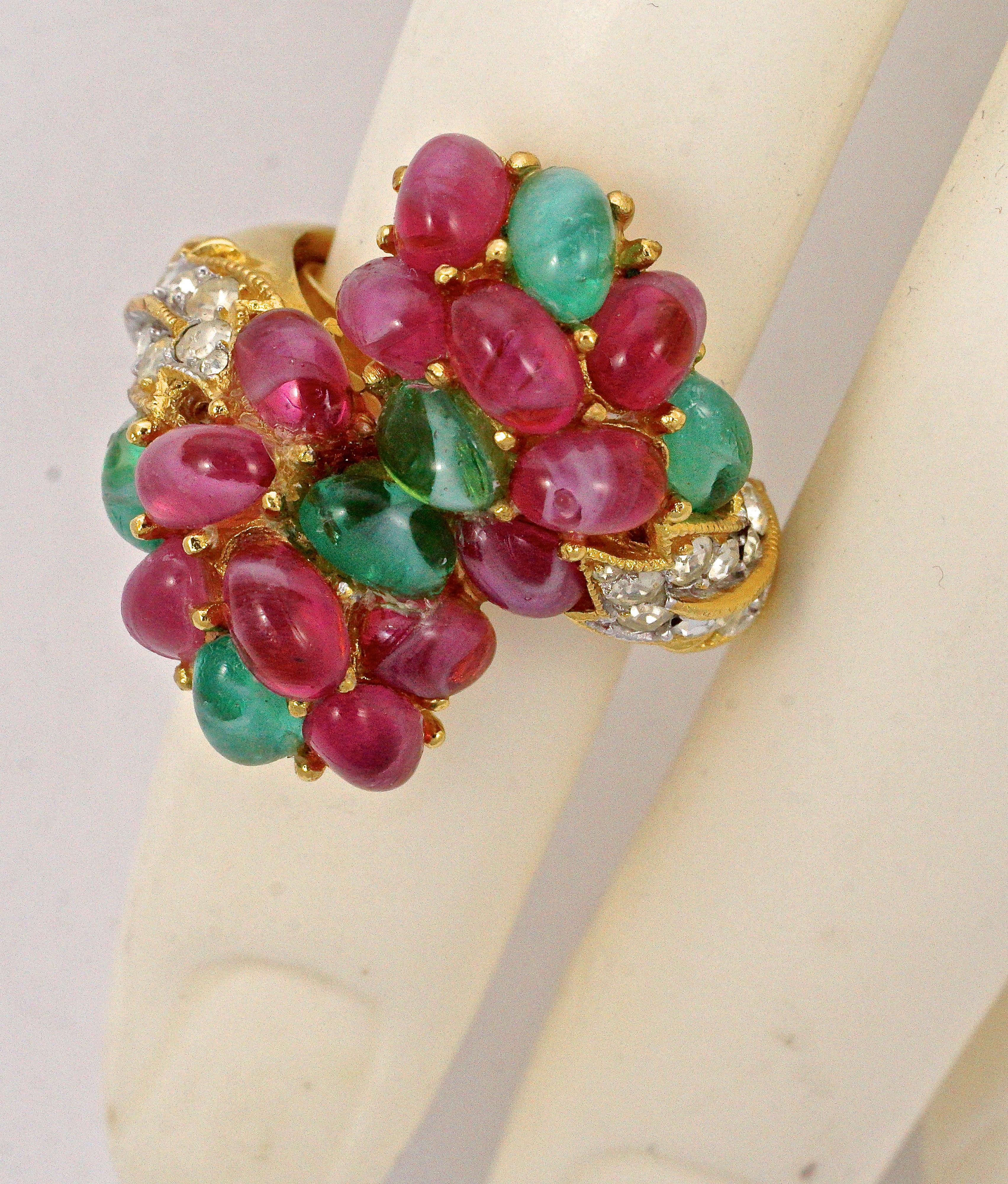 Trifari Gold Plated Ring with Dark Pink and Green Glass Cabochons, circa 1960s In Good Condition In London, GB