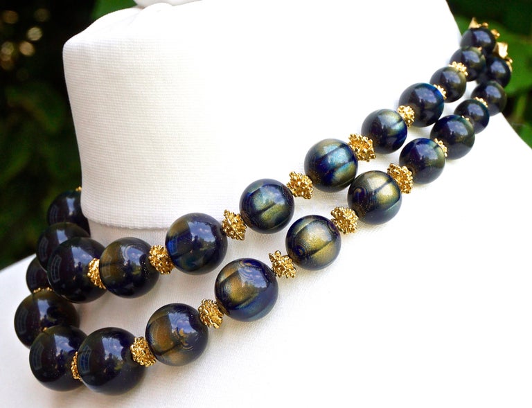 Trifari Gold Plated Two Strand Blue and Gold Bead Necklace and Clip On ...