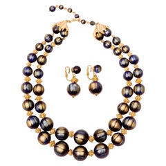 Trifari Gold Plated Two Strand Blue and Gold Bead Necklace and Clip On Earrings
