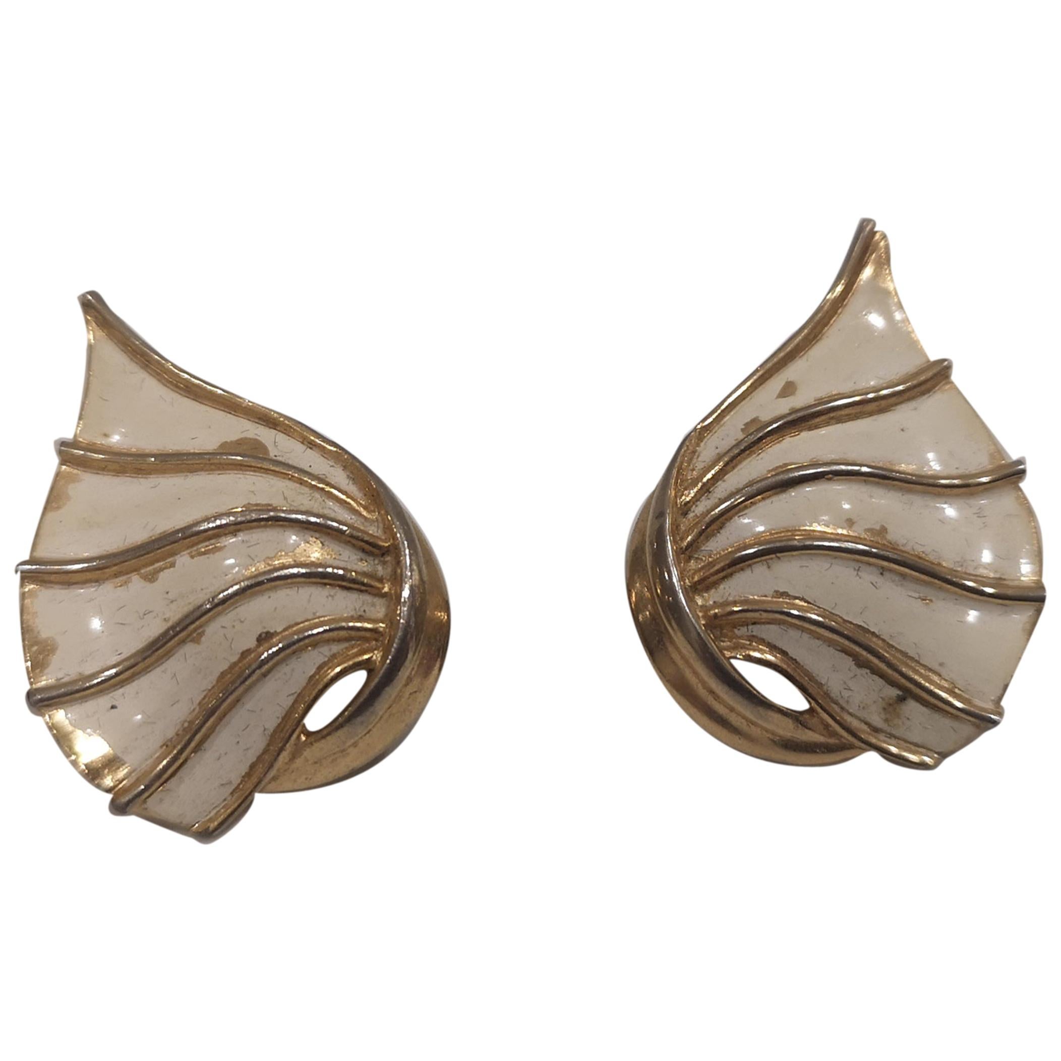 Trifari gold tone white shells clip on earrings