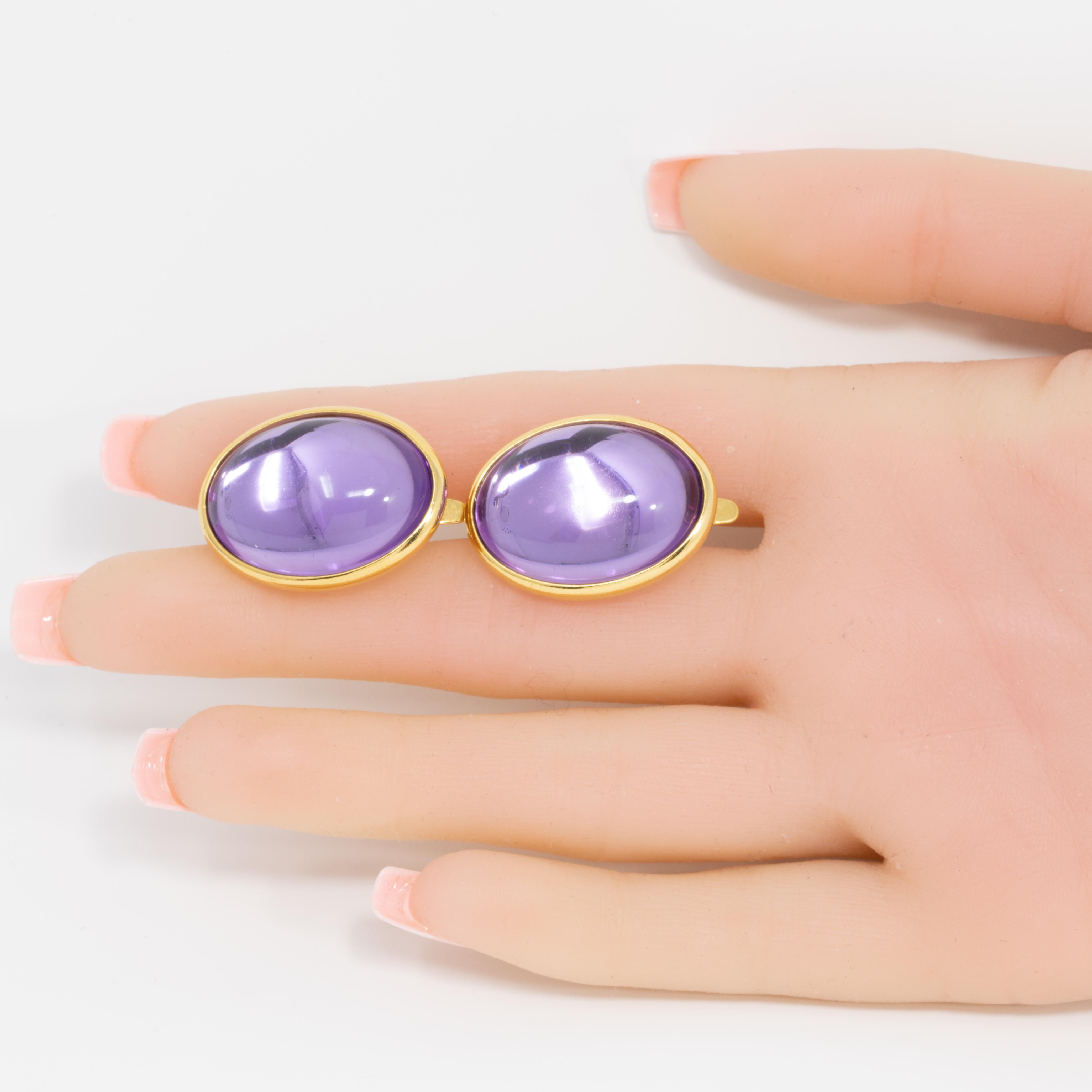 Retro Trifari Golden Clip on Earrings with Moonglow Amethyst Cabochons, 1980s