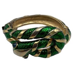 Trifari Green and Gold Garden of Eden Enamel Snake Bracelet Cuff 1960s