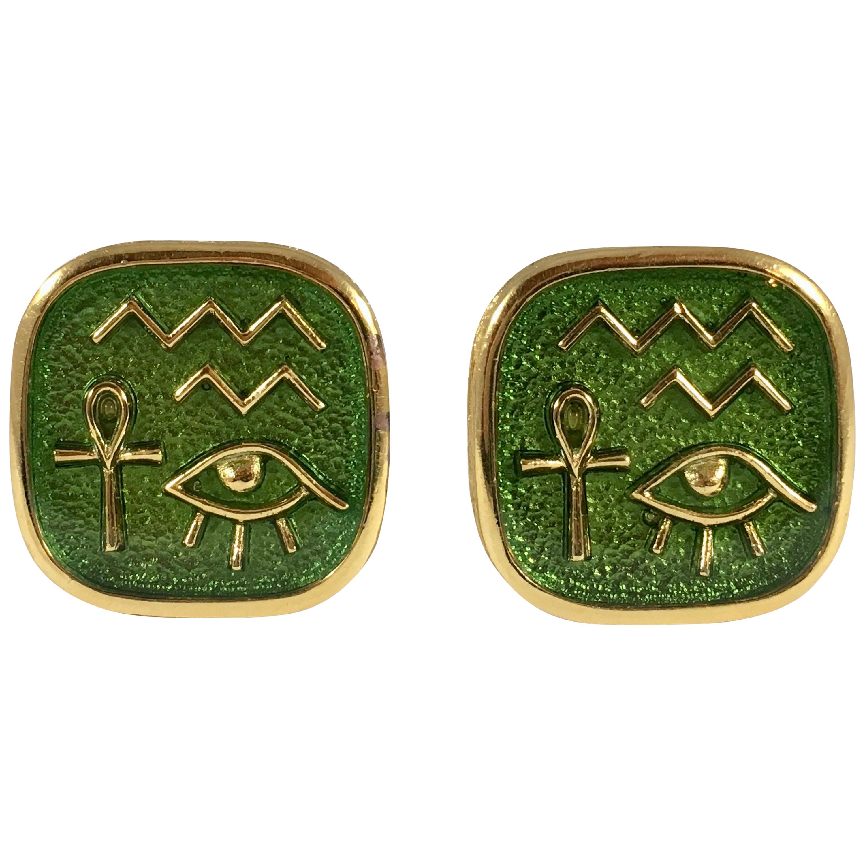 Trifari Green Egyptian Hieroglyph Clip Earrings 1970s For Sale