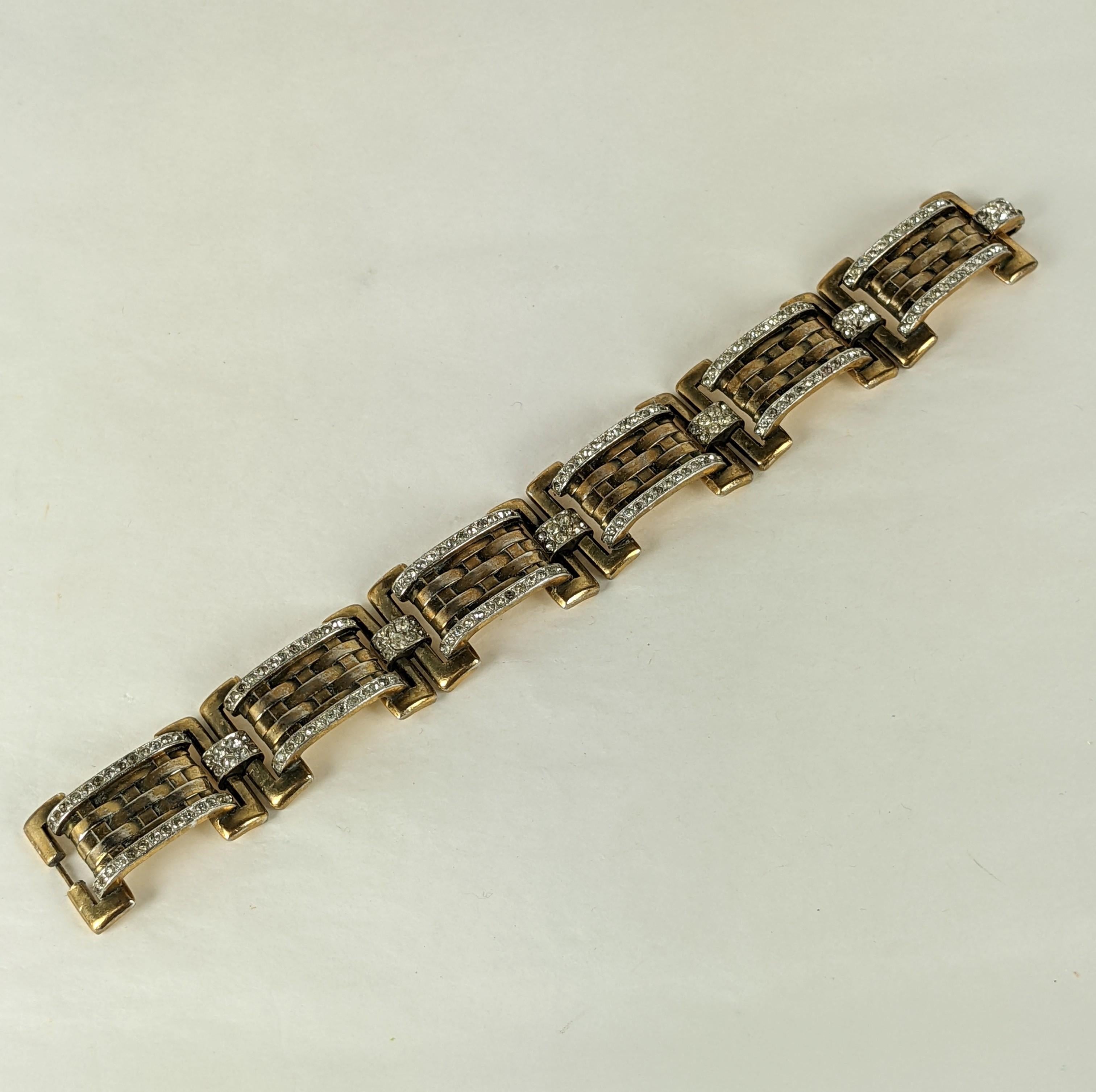 Retro Trifari Green Gold Woven and Pave Link Bracelet For Sale