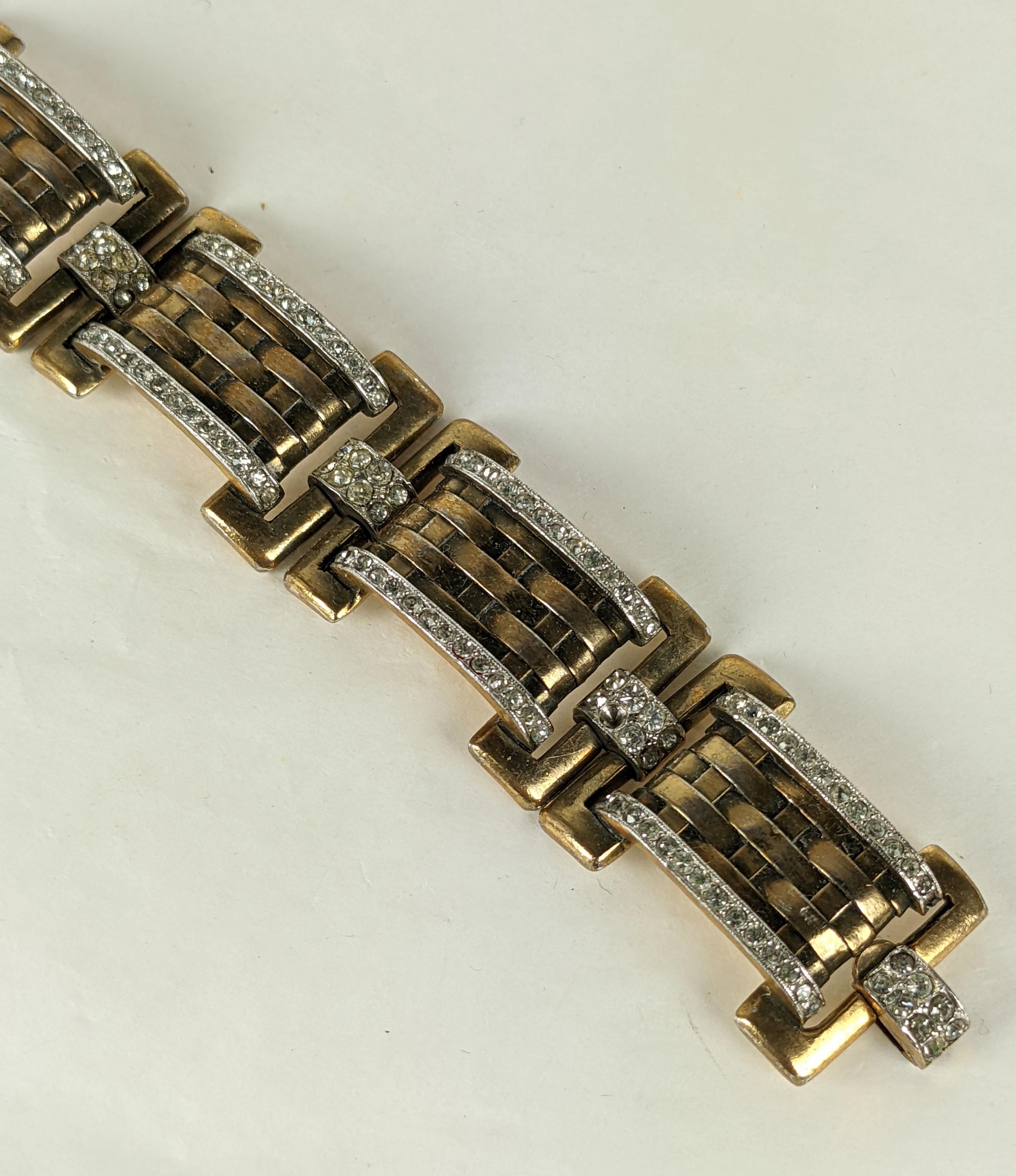 Trifari Green Gold Woven and Pave Link Bracelet In Good Condition For Sale In New York, NY