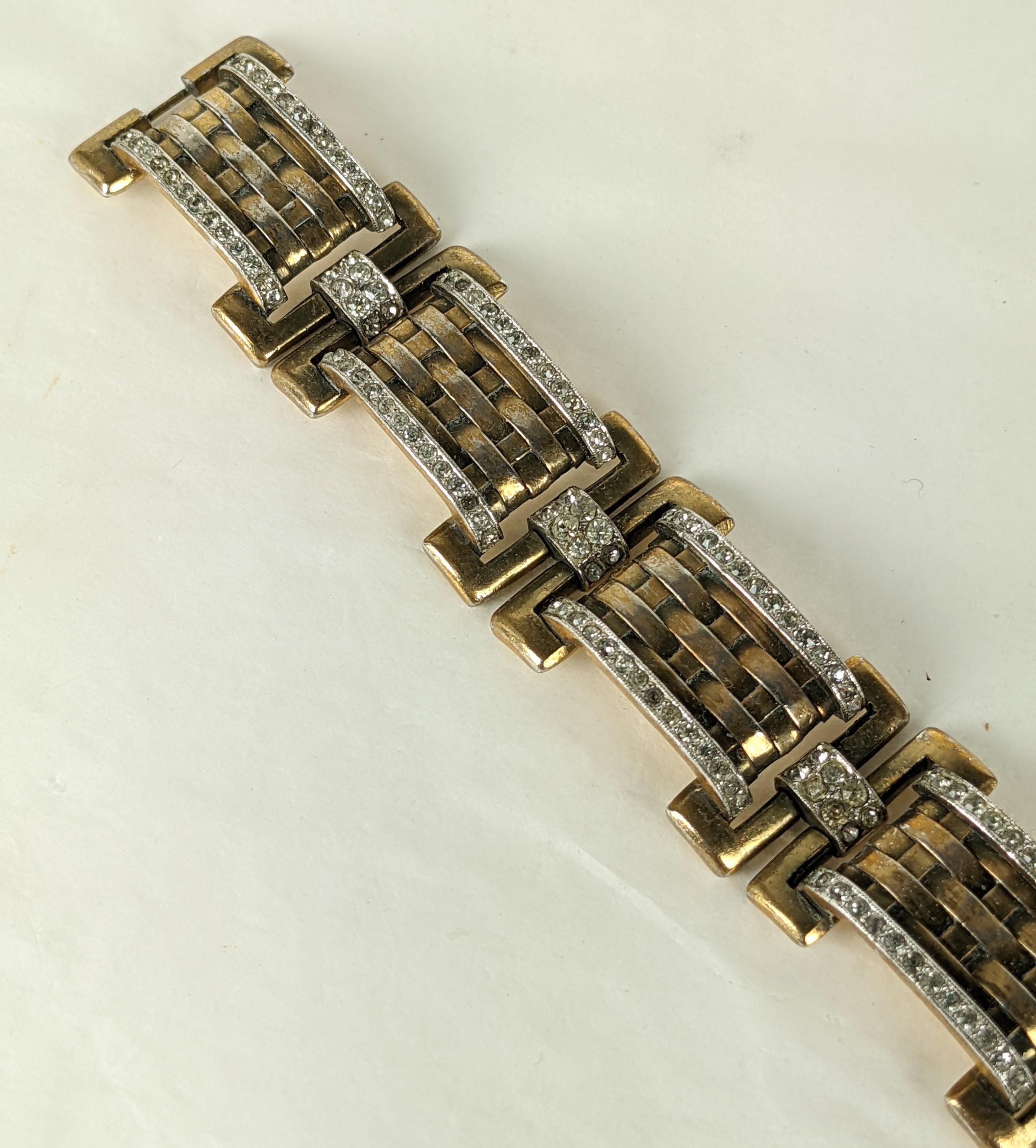 Women's or Men's Trifari Green Gold Woven and Pave Link Bracelet For Sale