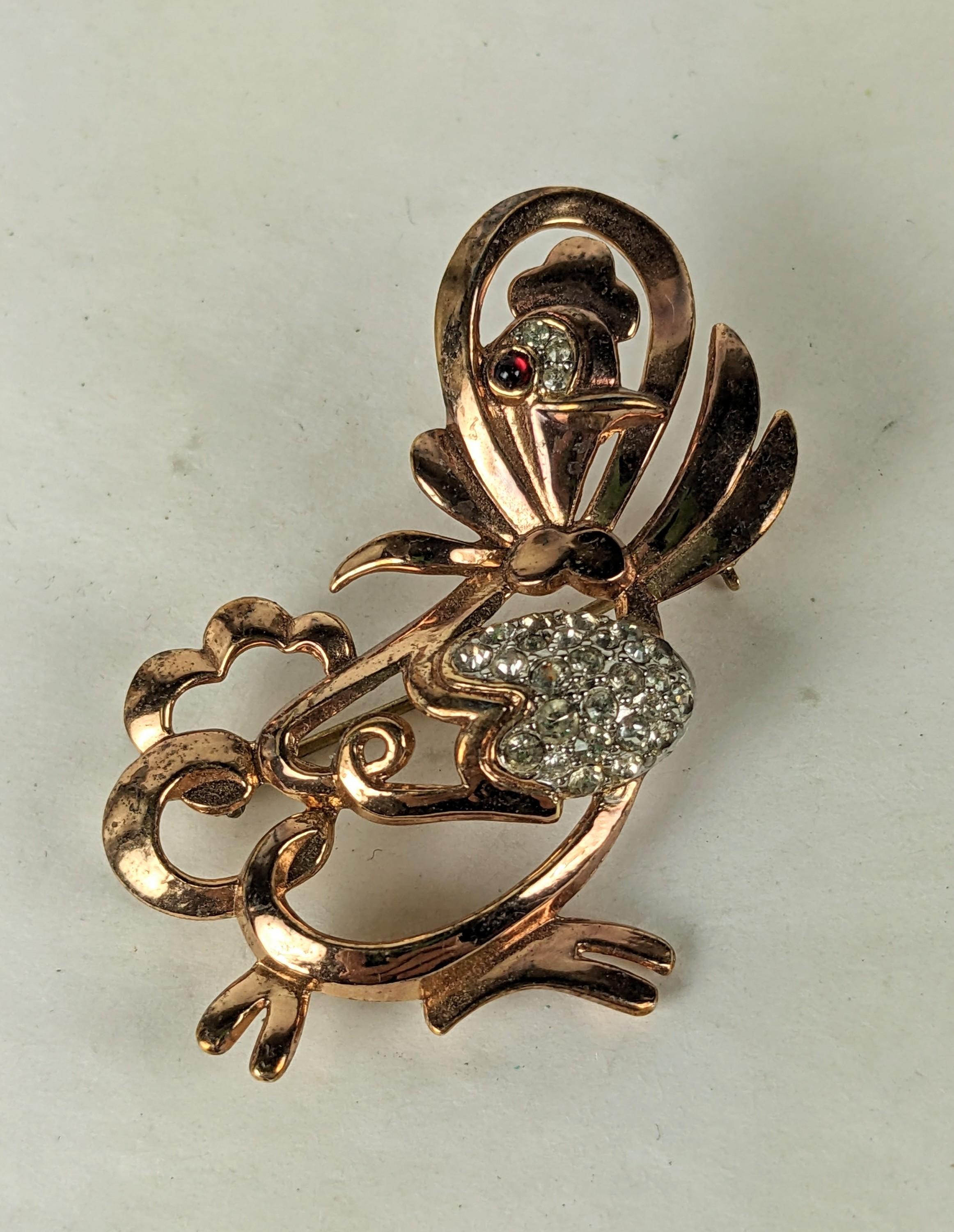 Cute Trifari Chicken with Egg, Alfred Phillipe from the 1940's. Pink gold plated hen with pave accented egg in wing. 1940's USA.  2