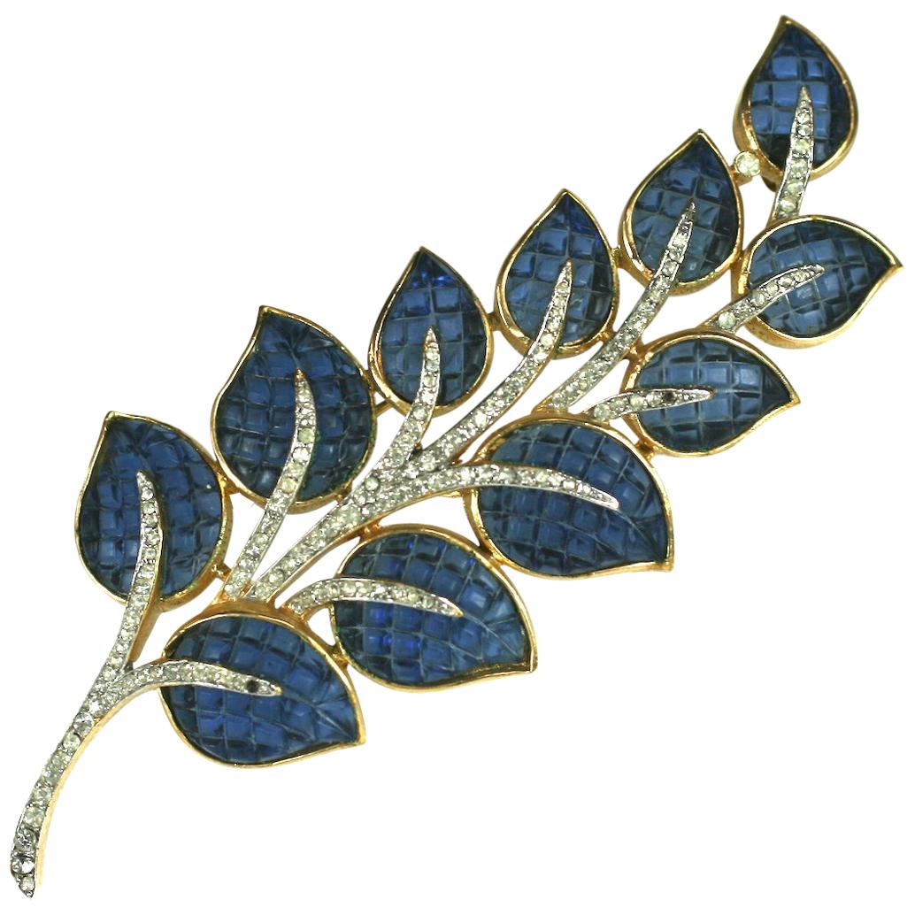 Trifari Invisibly Set Sapphire Leaf Brooch