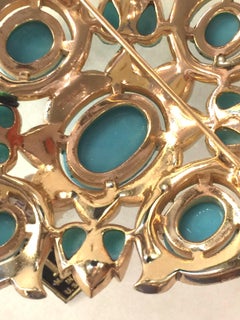 Trifari Jewels of India Goldtone Turquoise Cab & Diamante Quatrefoil Brooch Pin