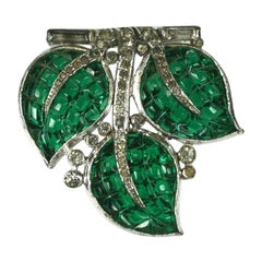 Vintage Trifari KTF Art Deco Invisibly Set  Emerald Leaf Clip