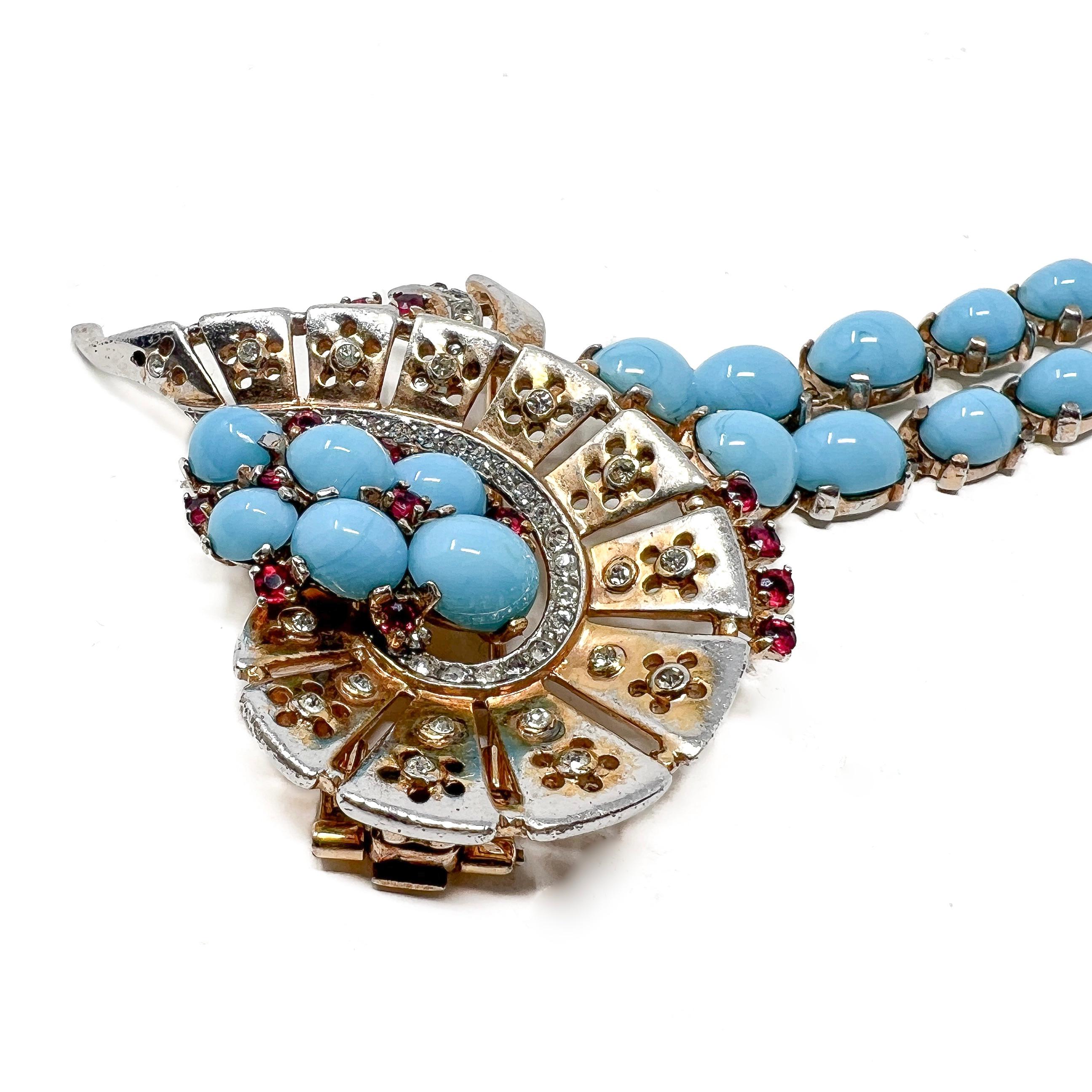 Trifari Mid-1940s Sterling Vermeil, Turquoise Glass and Ruby Paste Vintage Fur C For Sale 5