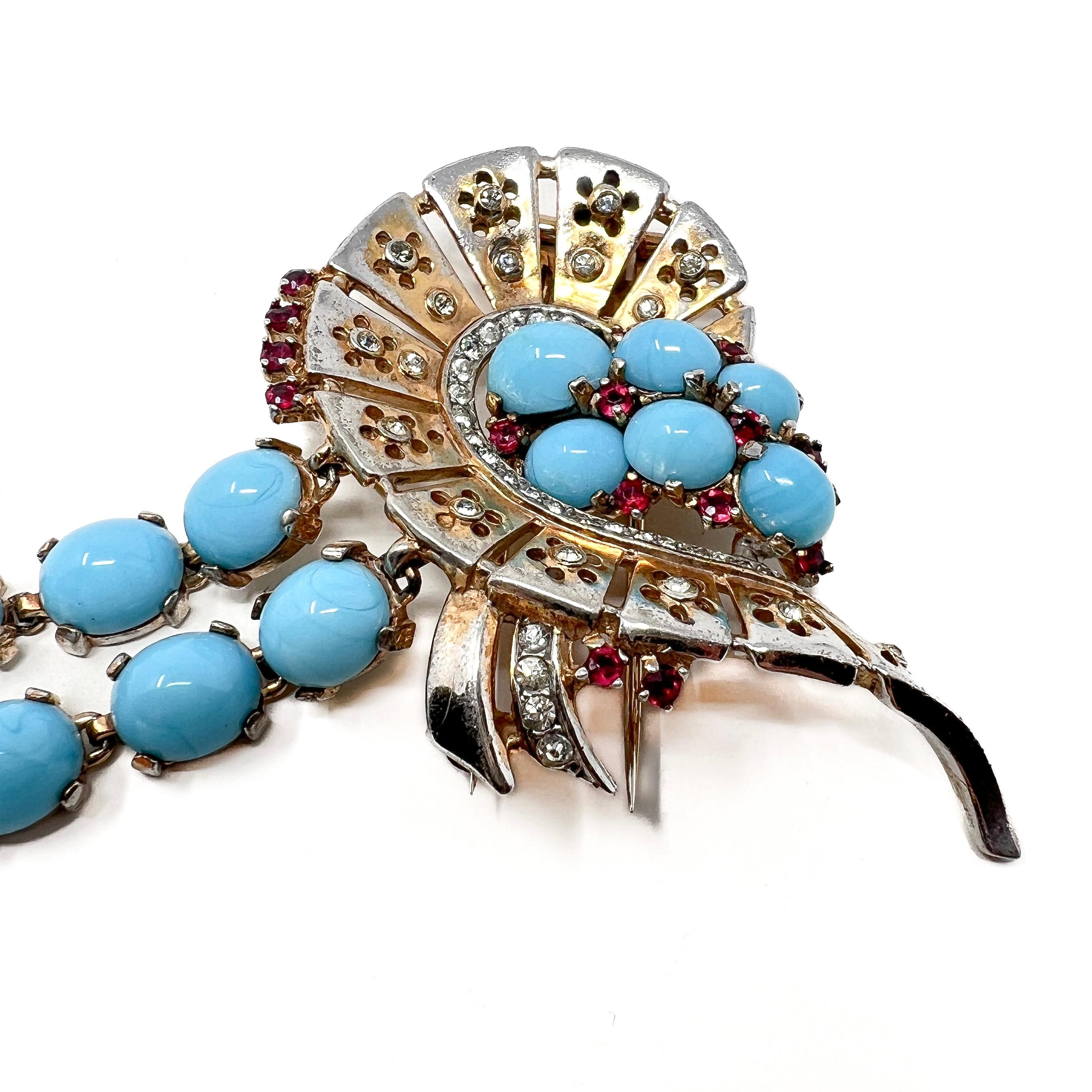 Trifari Mid-1940s Sterling Vermeil, Turquoise Glass and Ruby Paste Vintage Fur C For Sale 6