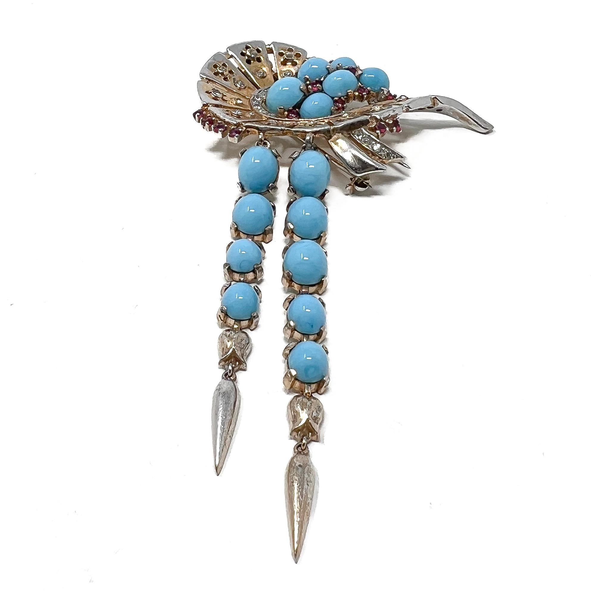 Women's Trifari Mid-1940s Sterling Vermeil, Turquoise Glass and Ruby Paste Vintage Fur C For Sale