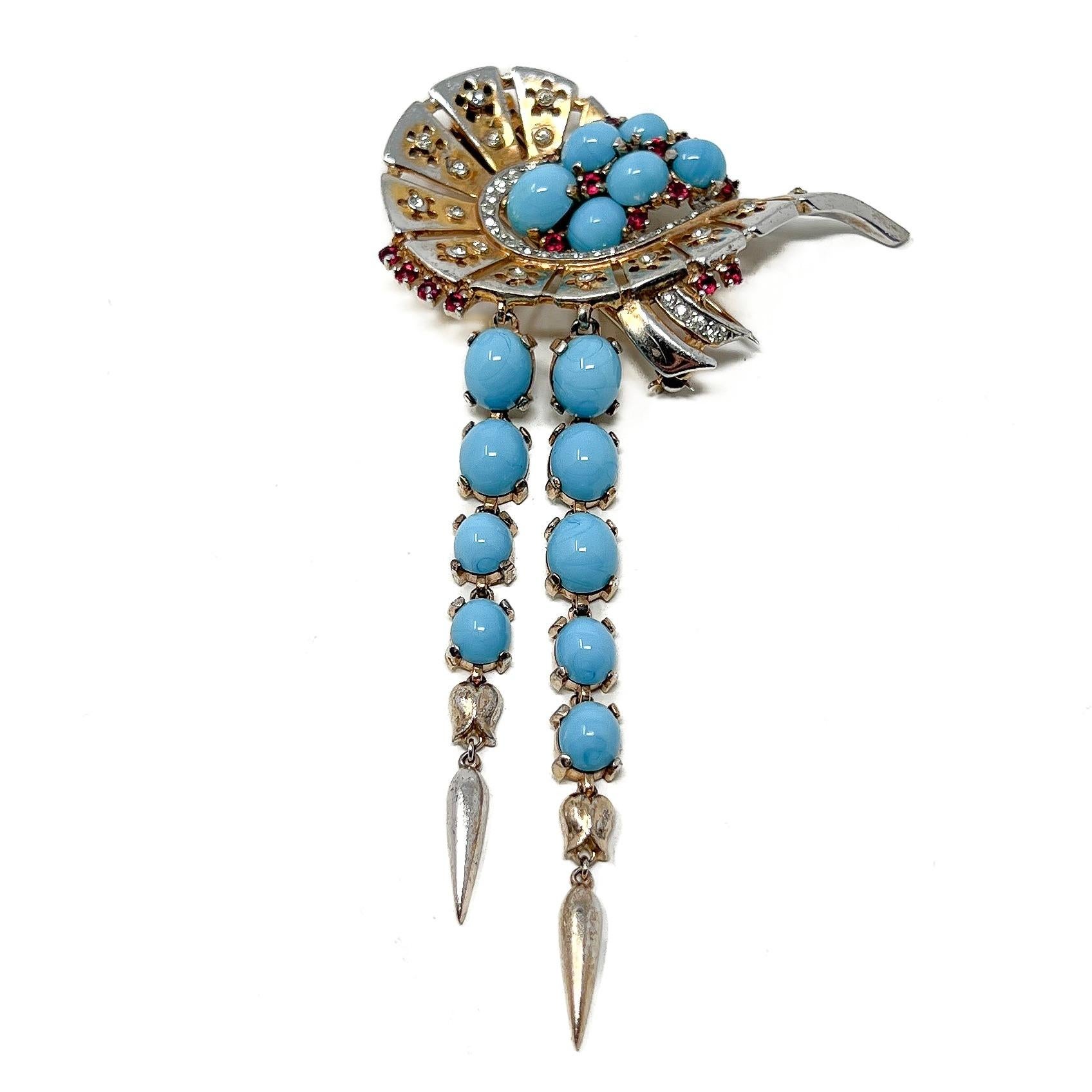 Trifari Mid-1940s Sterling Vermeil, Turquoise Glass and Ruby Paste Vintage Fur C For Sale 1