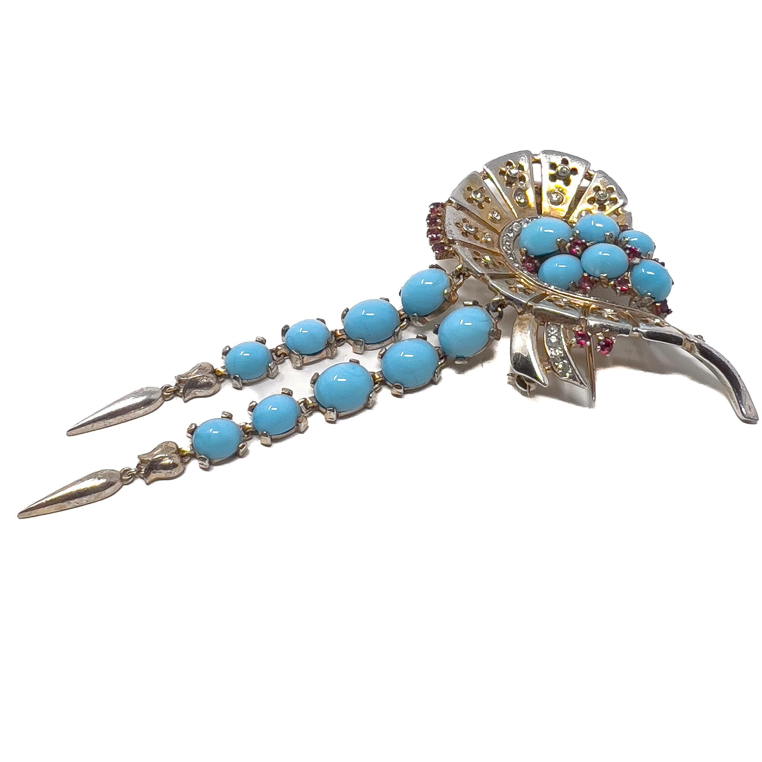 Trifari Mid-1940s Sterling Vermeil, Turquoise Glass and Ruby Paste Vintage Fur C For Sale 2