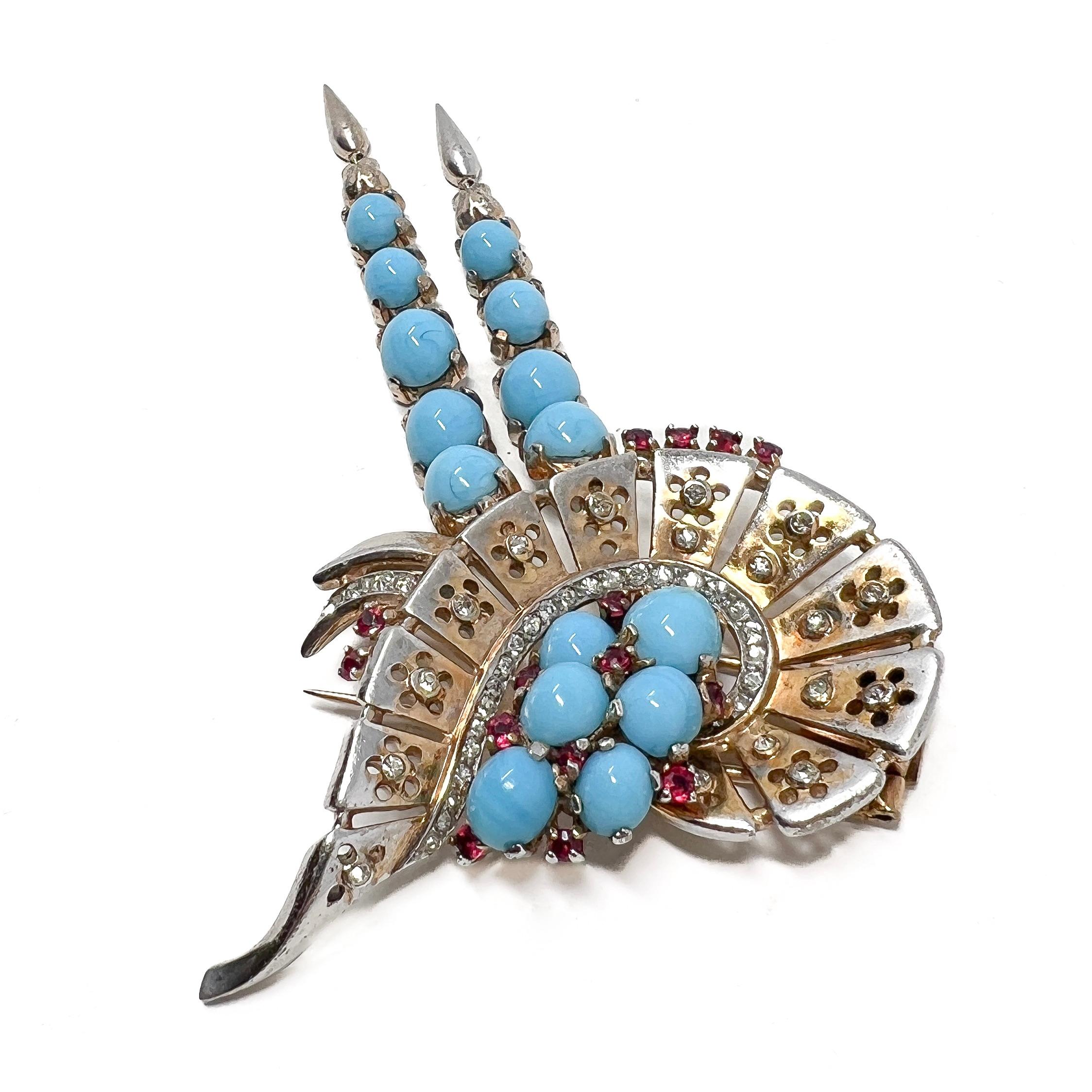 Trifari Mid-1940s Sterling Vermeil, Turquoise Glass and Ruby Paste Vintage Fur C For Sale 3