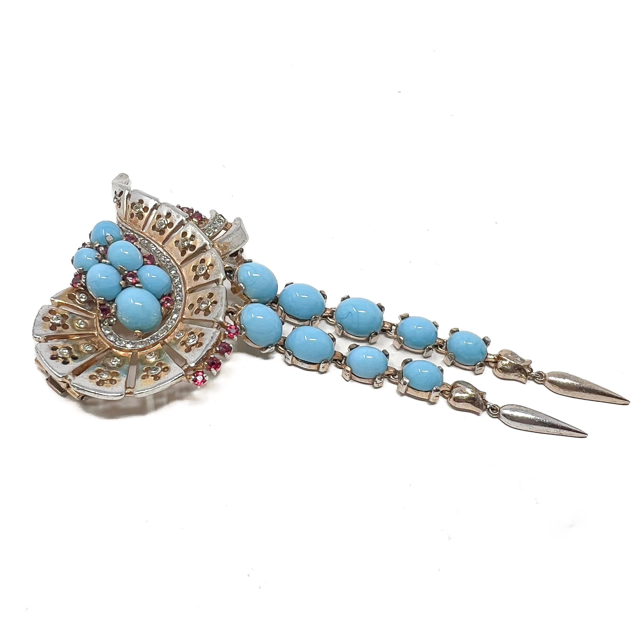 Trifari Mid-1940s Sterling Vermeil, Turquoise Glass and Ruby Paste Vintage Fur C For Sale 4