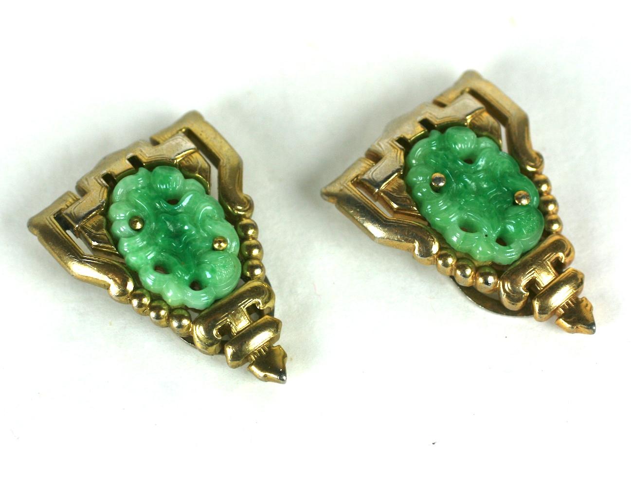 Trifari Ming Series Faux Jade Clips from the mid 1930's. Early unsigned TKF designs with signature Trifari clip back fittings.
1.3