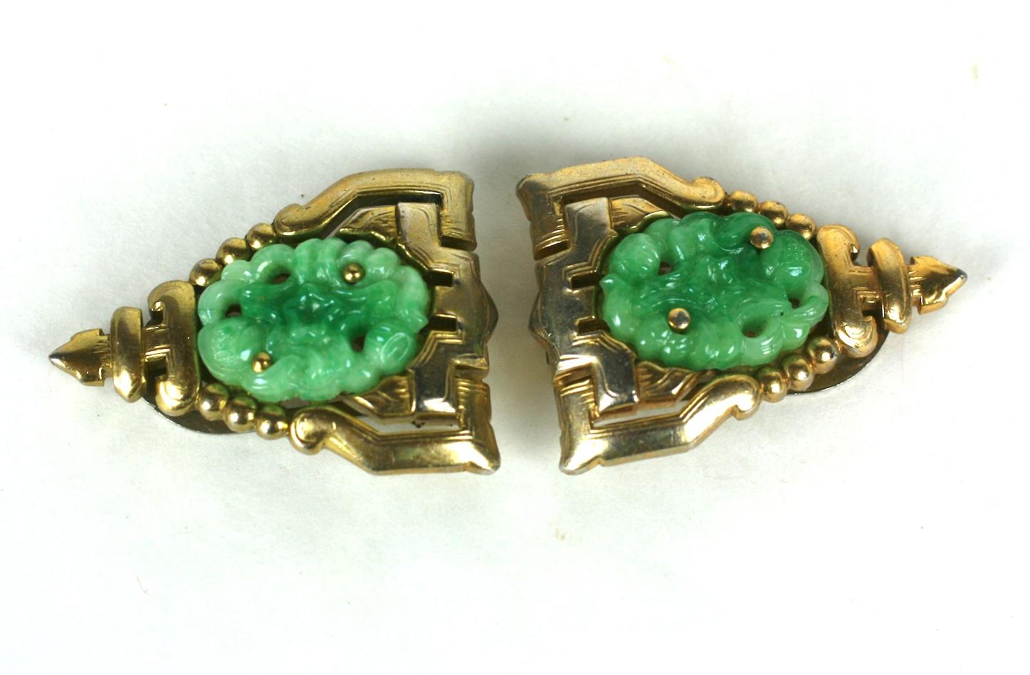 Art Deco Trifari Ming Series Jade Clips For Sale