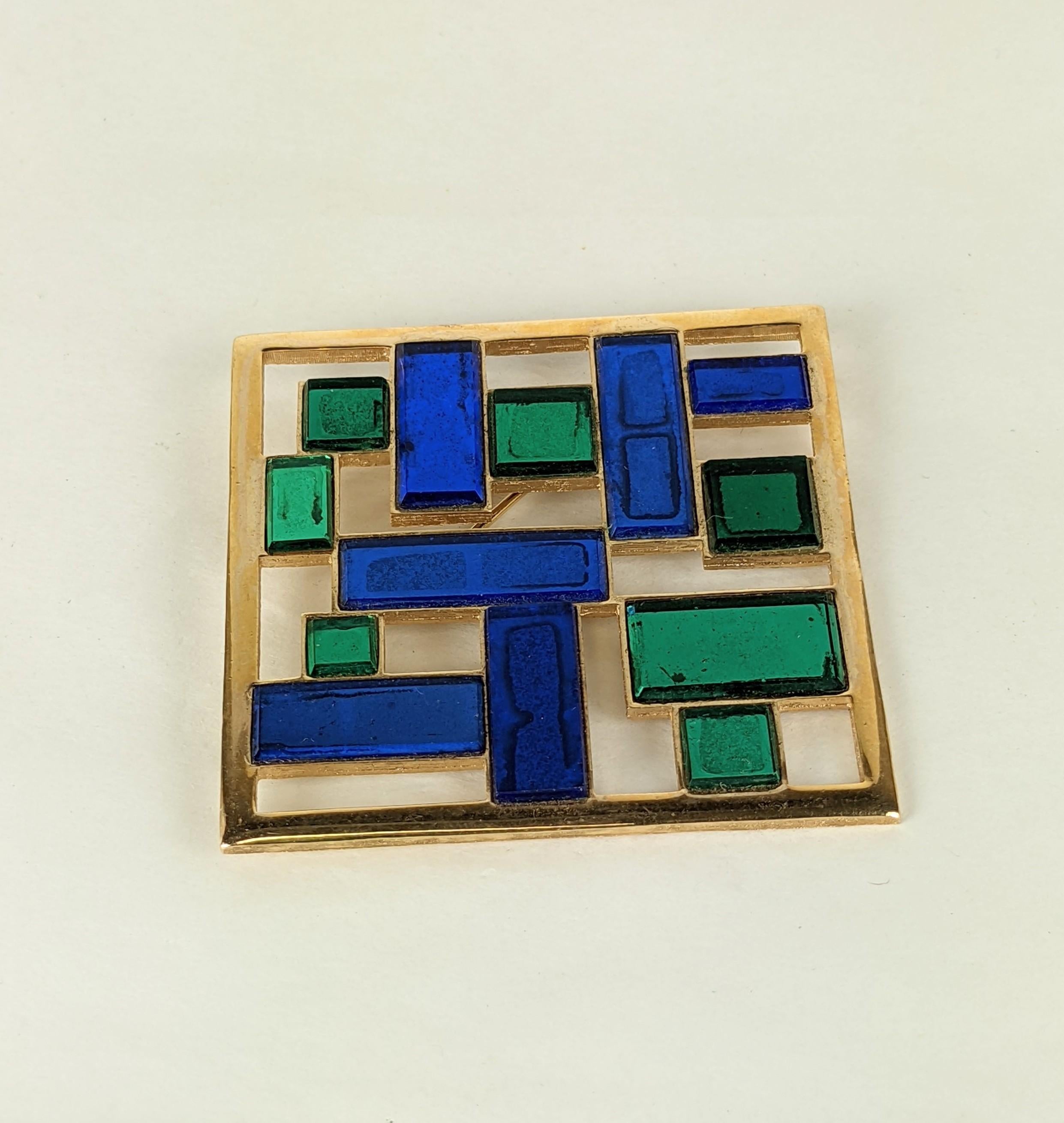 Trifari Mirrored Mosaic Pop Art Brooch from the 1960's. Panels of vibrant blue and emerald mirror are arranged in a mosiac style.  Matching pendant available.  2.25