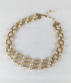 Trifari Modernist Pearl and Gilt Spacer Necklace