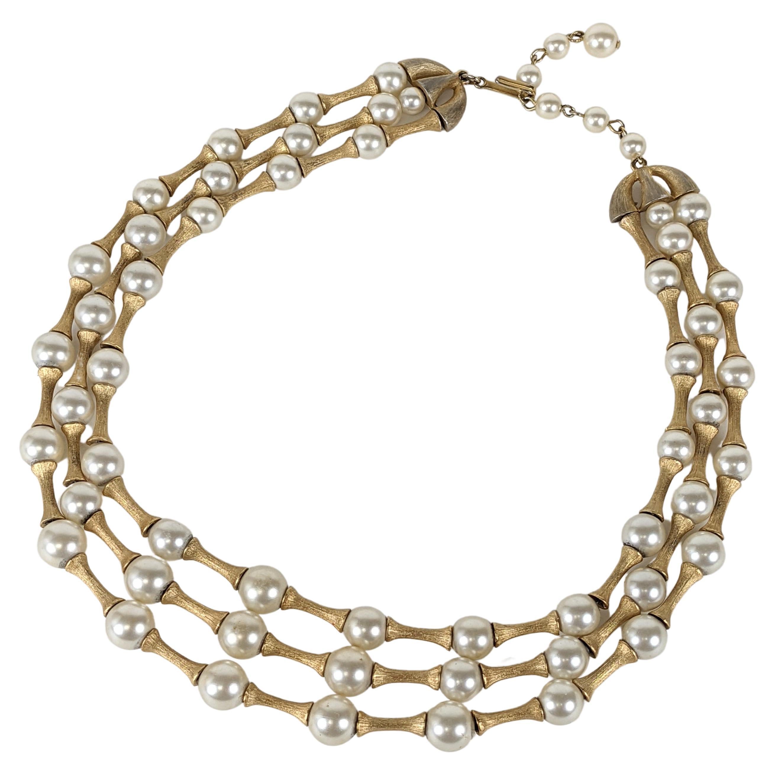 Trifari Modernist Pearl and Gilt Spacer Necklace For Sale