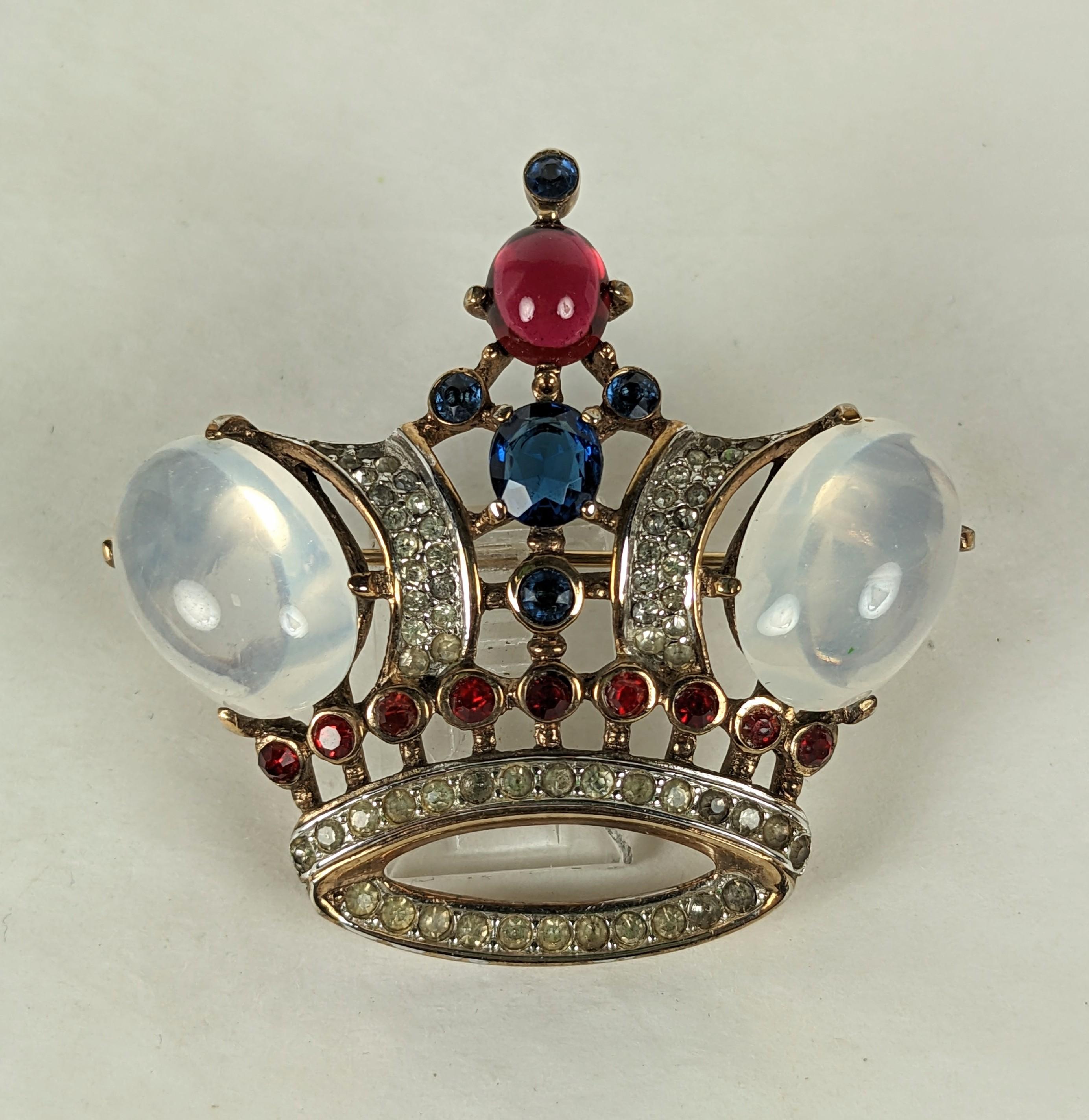 Trifari Royal Moonstone Crown in pink gold plate with rhinestone accents by Alfred Phillipe. This is the largest of this series from the mid 1940's. Moonstone glass cabs with sapphire and ruby pastes. 2