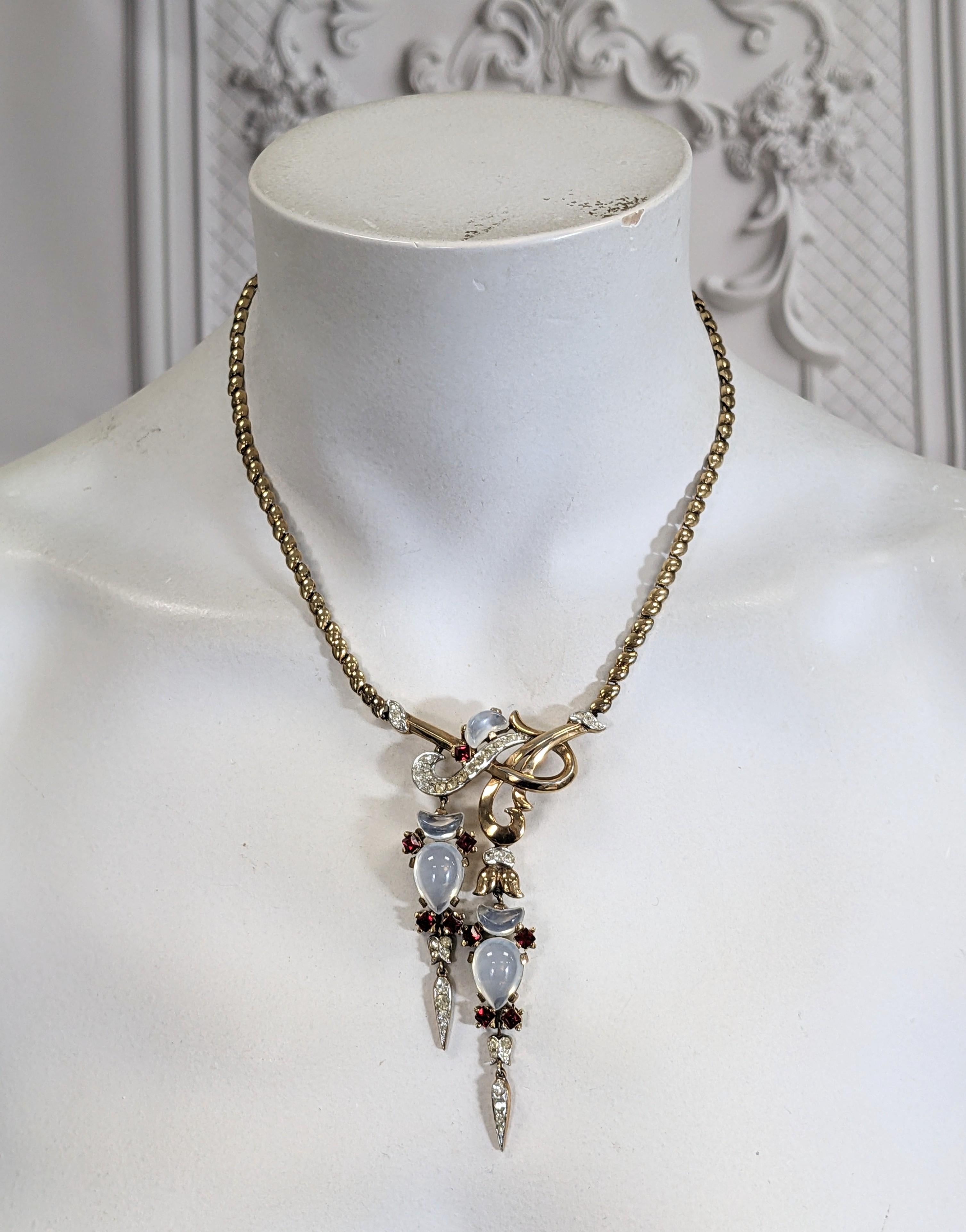 Women's or Men's Trifari Moonstone Ruby Clair de Lune Drop Necklace, Alfred Phillipe For Sale