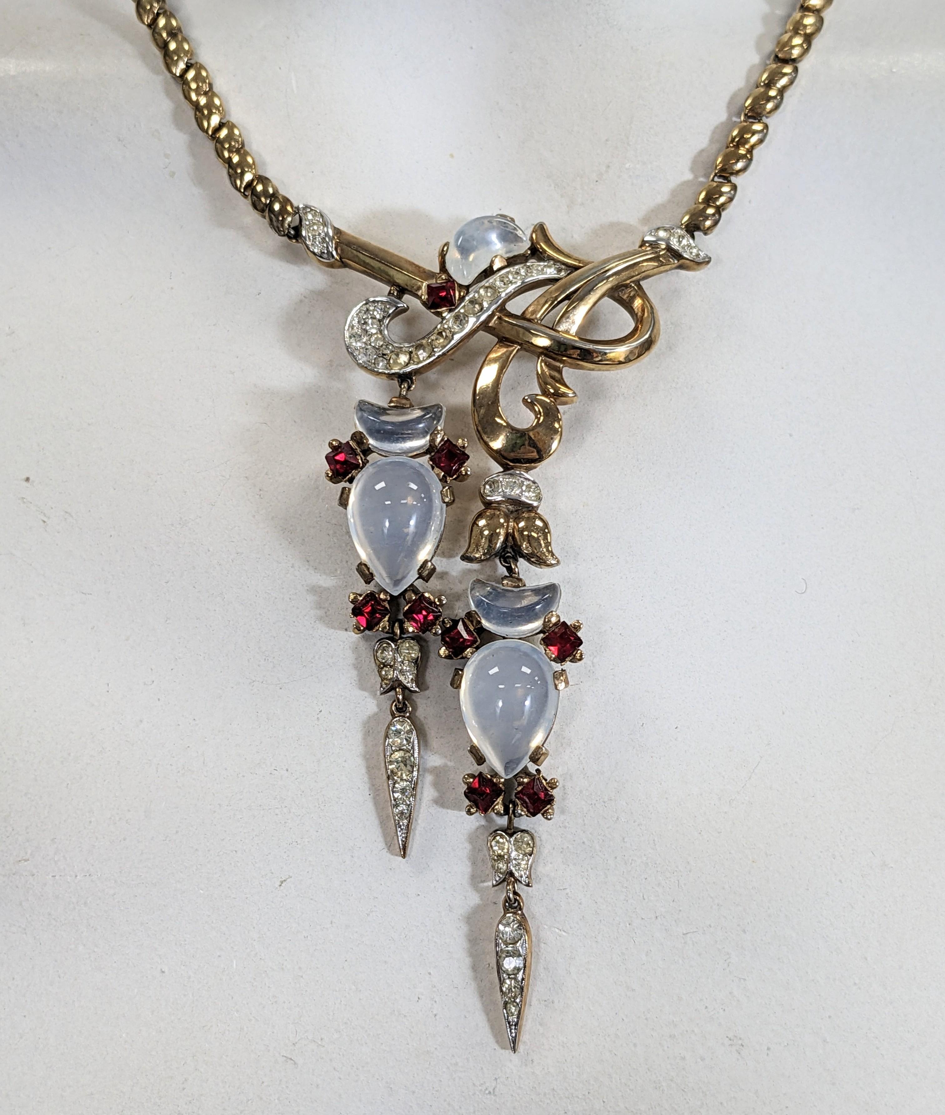 Trifari Moonstone Ruby Clair de Lune Drop Necklace, Alfred Phillipe For Sale 1