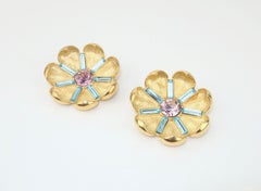 Trifari Pastel Rhinestone Flower Brooches, a Pair