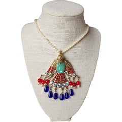 Trifari Patriotic Bird Statement Necklace with Faux Pearls, Rhinestones & Cobalt