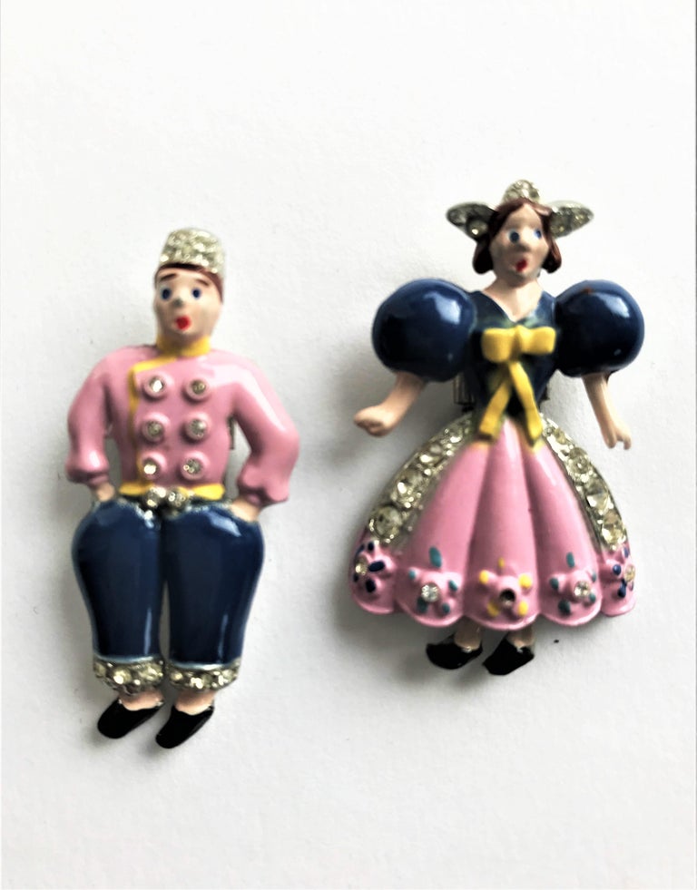 Trifari pave and enamel 'Mr and Mrs. Dutch Pair of pin clip 1945 For