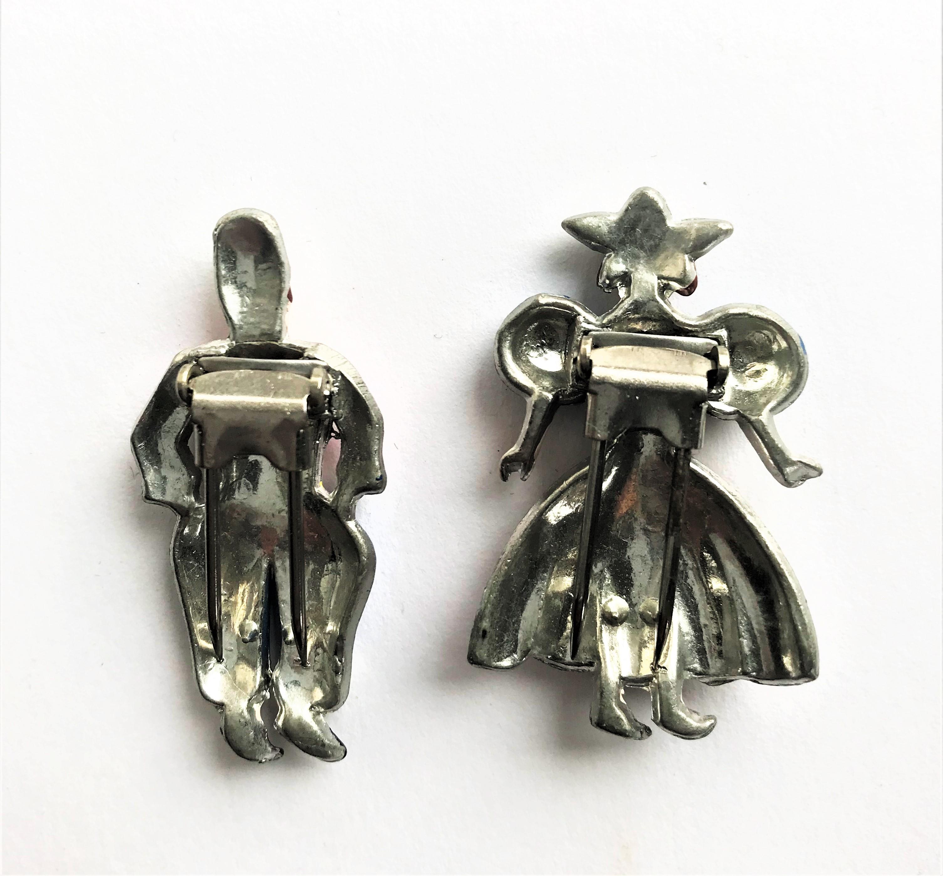 Artist Trifari pave and enamel 'Mr and Mrs. Dutch Pair of pin clip 1945 For Sale